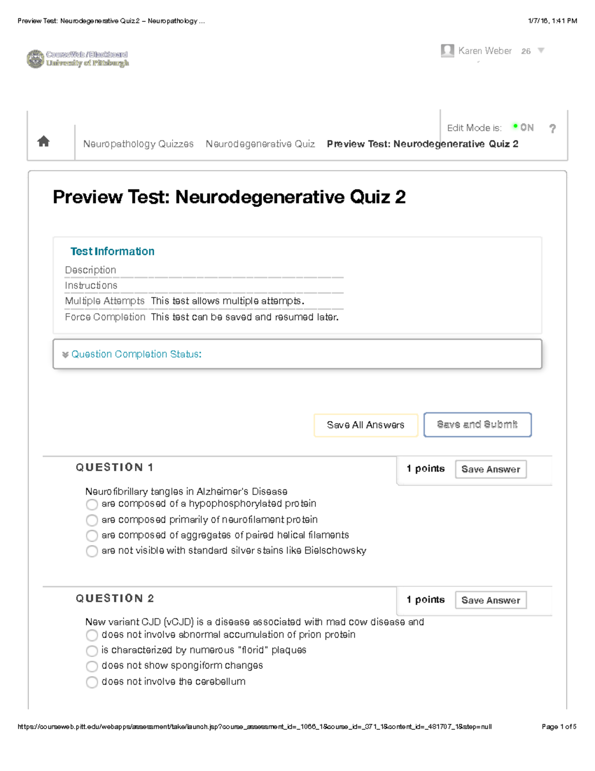 Neurodegenerative quiz2questions - Edit Mode is: • ONON Neuropathology ...