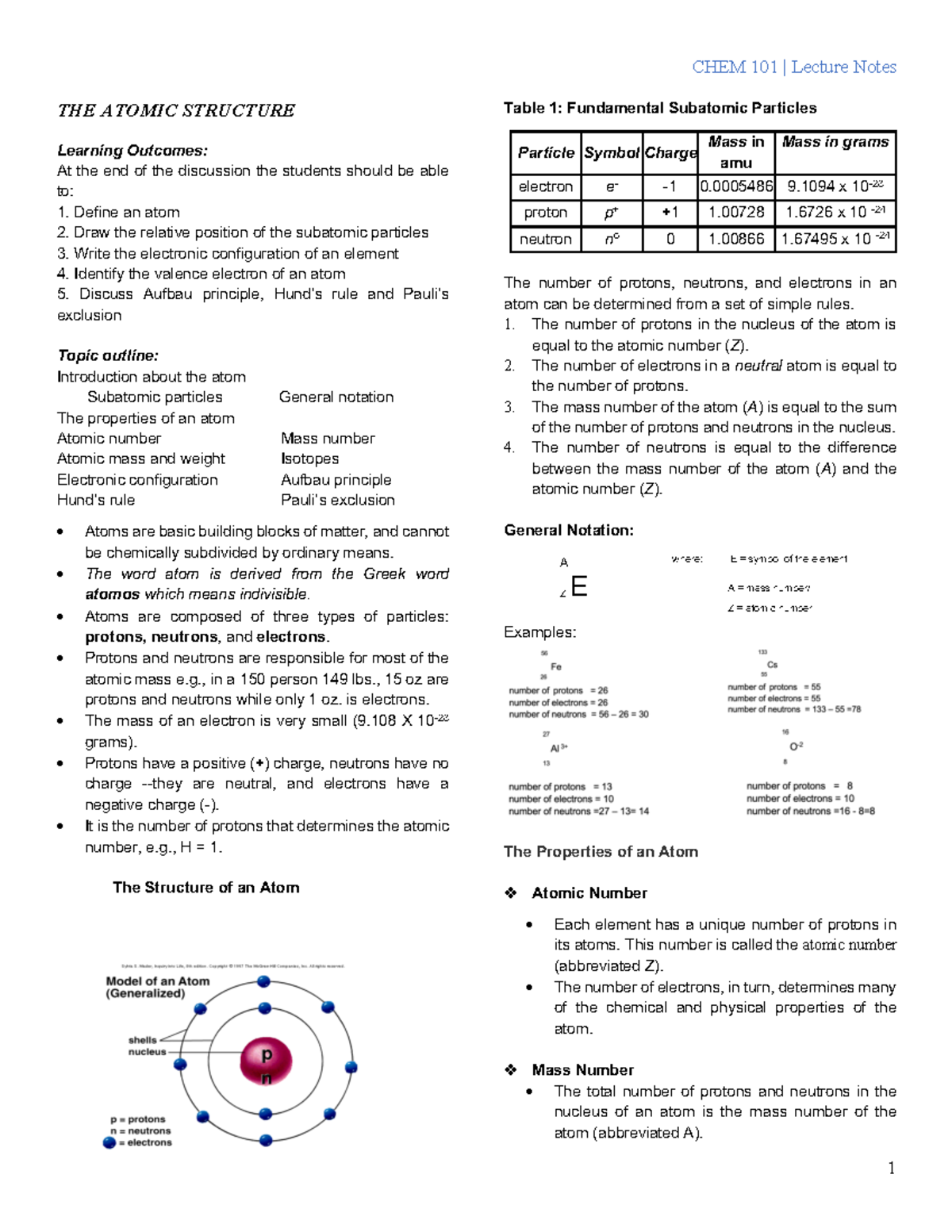 Atoms-Lecture-Notes - CHEM 101 | Lecture Notes 1 THE ATOMIC STRUCTURE ...