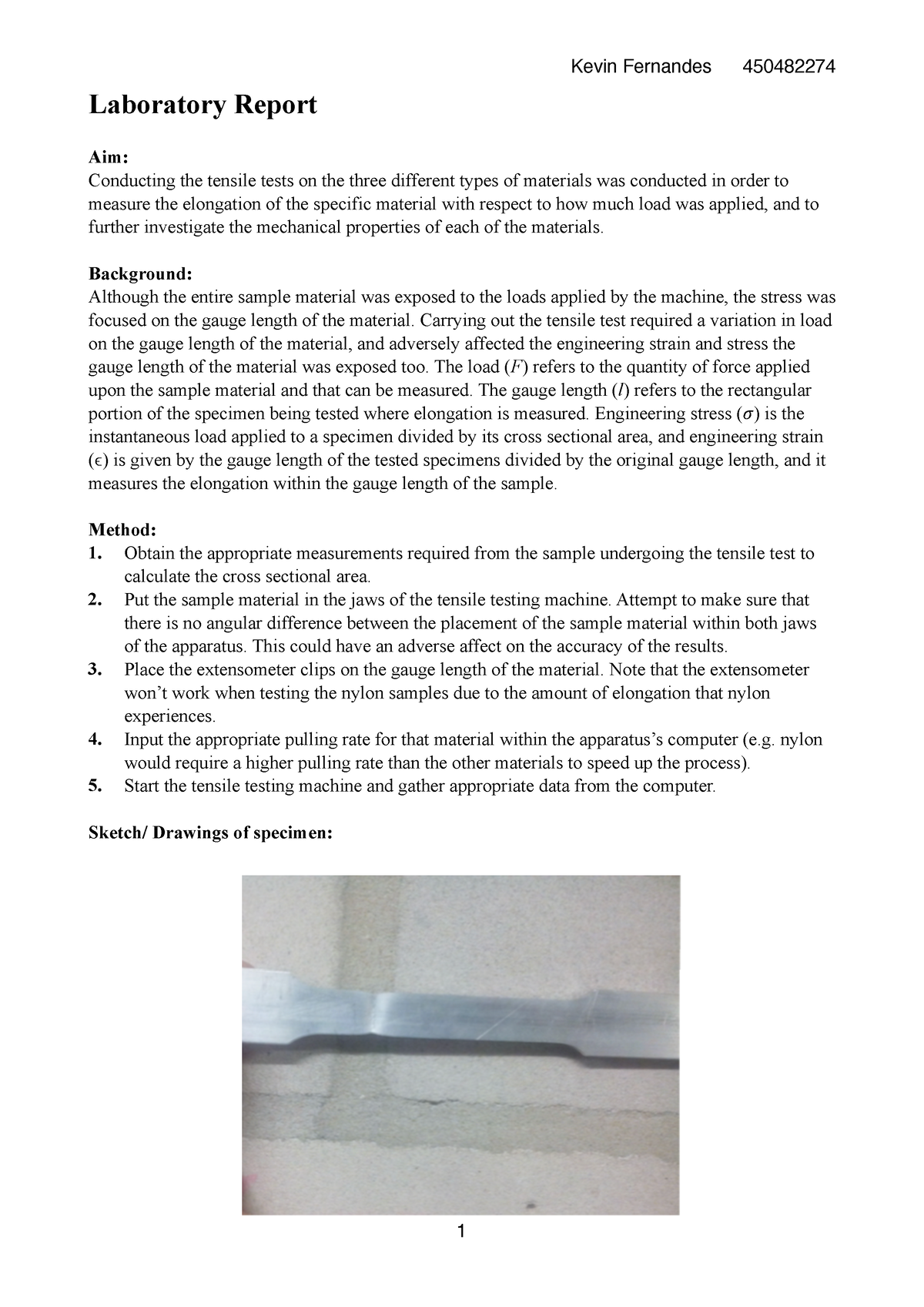 Lab Report - Tensile Test - Laboratory Report Aim: Conducting The ...