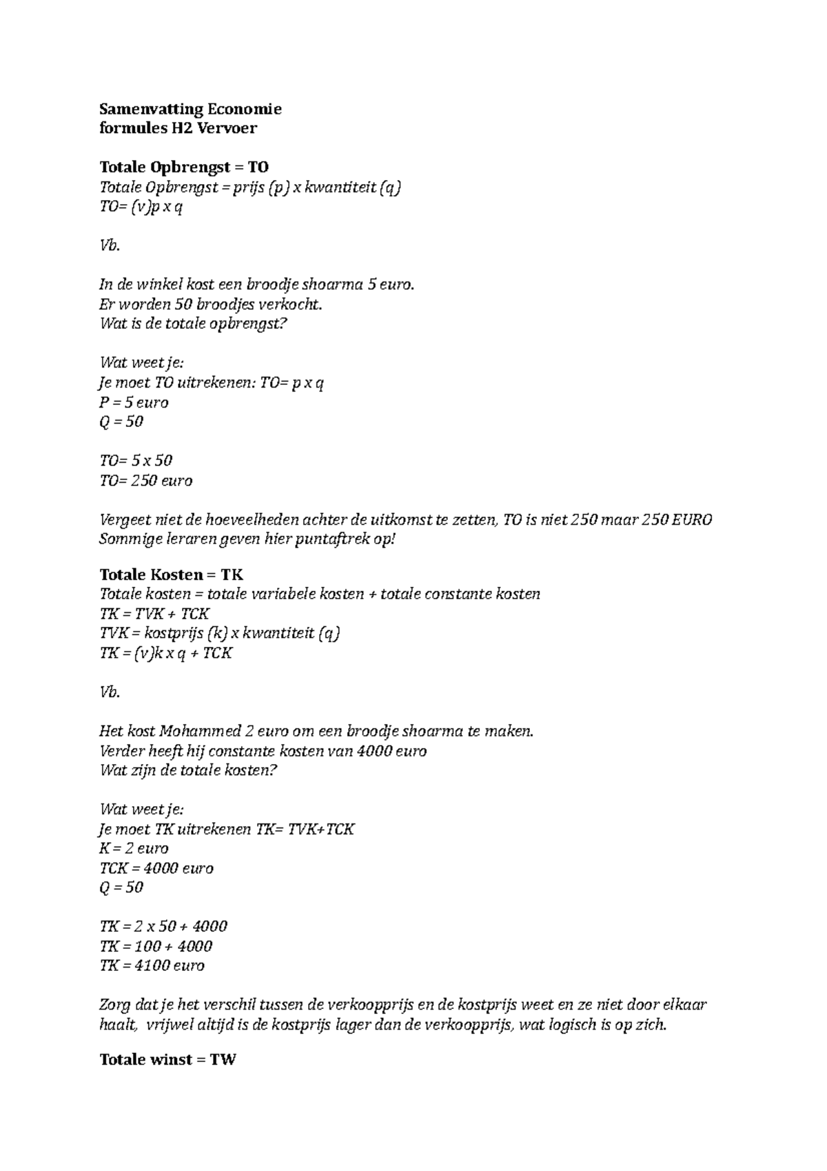 Economie Formule Samenvatting - Samenvatting Economie Formules H2 ...