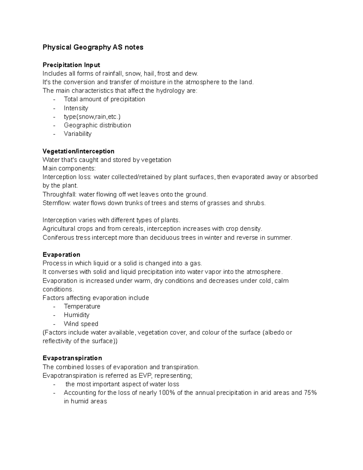 Physical Geography AS Notes - - Studocu