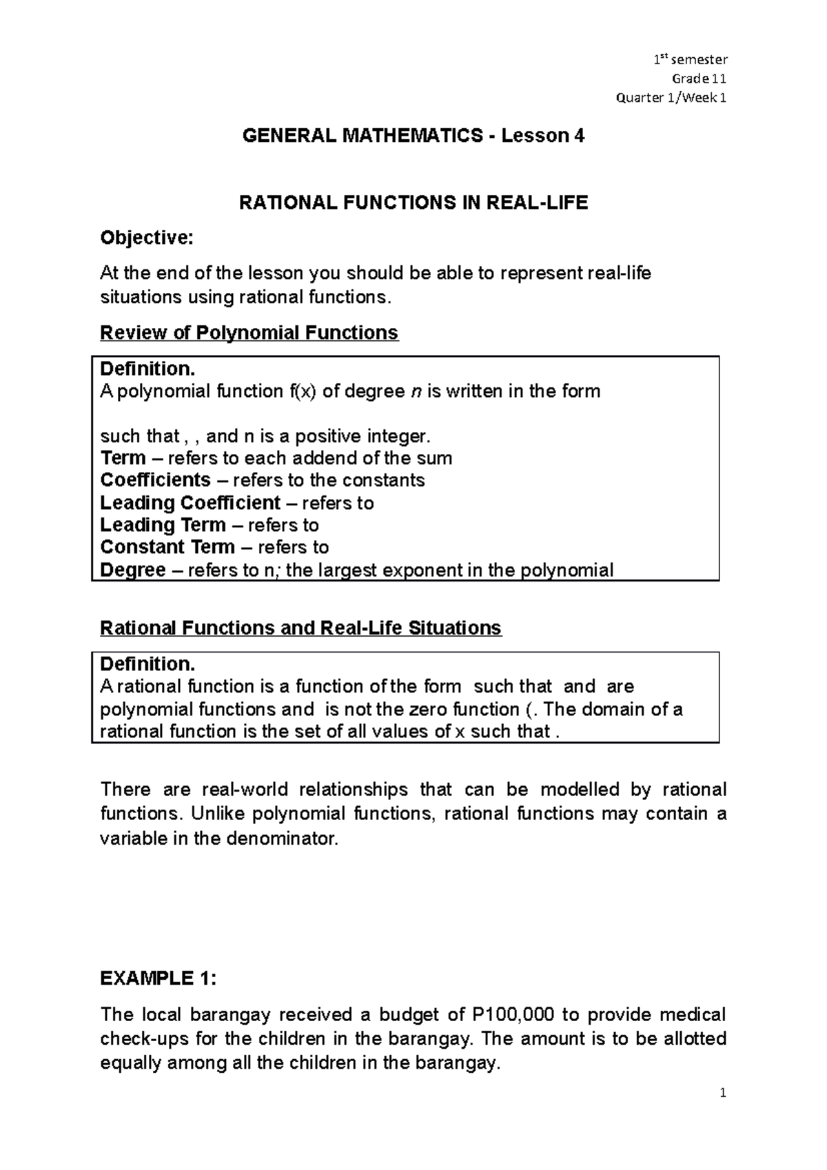Gen Math Lesson 4 - Rational Functions IN REAL-LIFE - 1 st semester ...