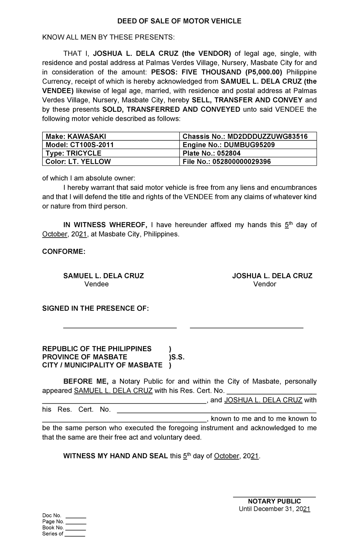 DEED OF SALE OF Motor Vehicle Asdfjla Sflafdjlasdjkf Adsjlafkda DEED 