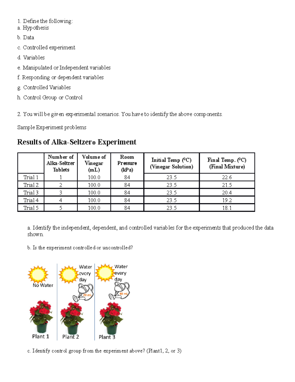 Ch.1 Study guide - chems - Define the following: a. Hypothesis b. Data ...