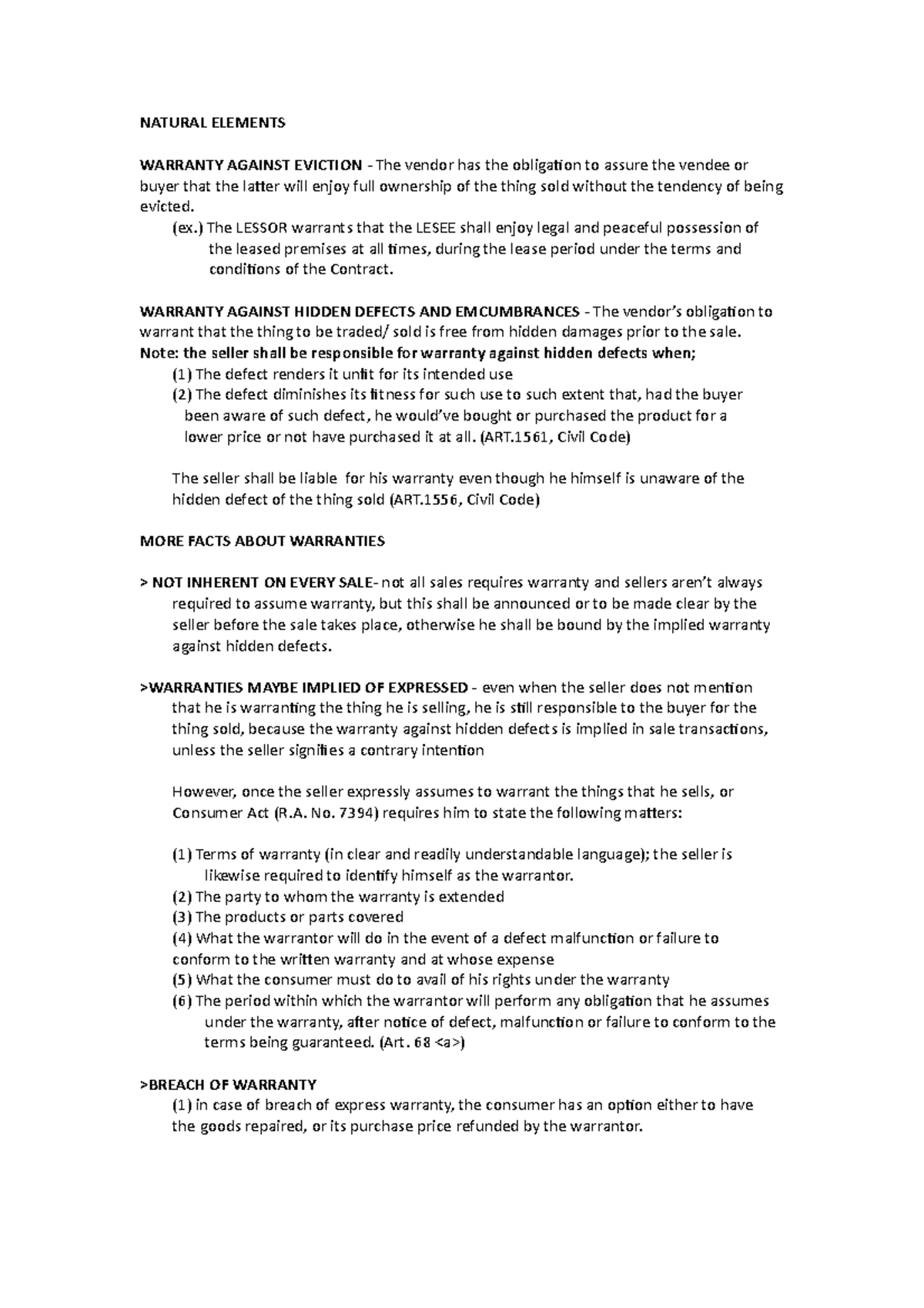 Warranties Lecture Notes (rfbt 3) Business Law - NATURAL ELEMENTS ...