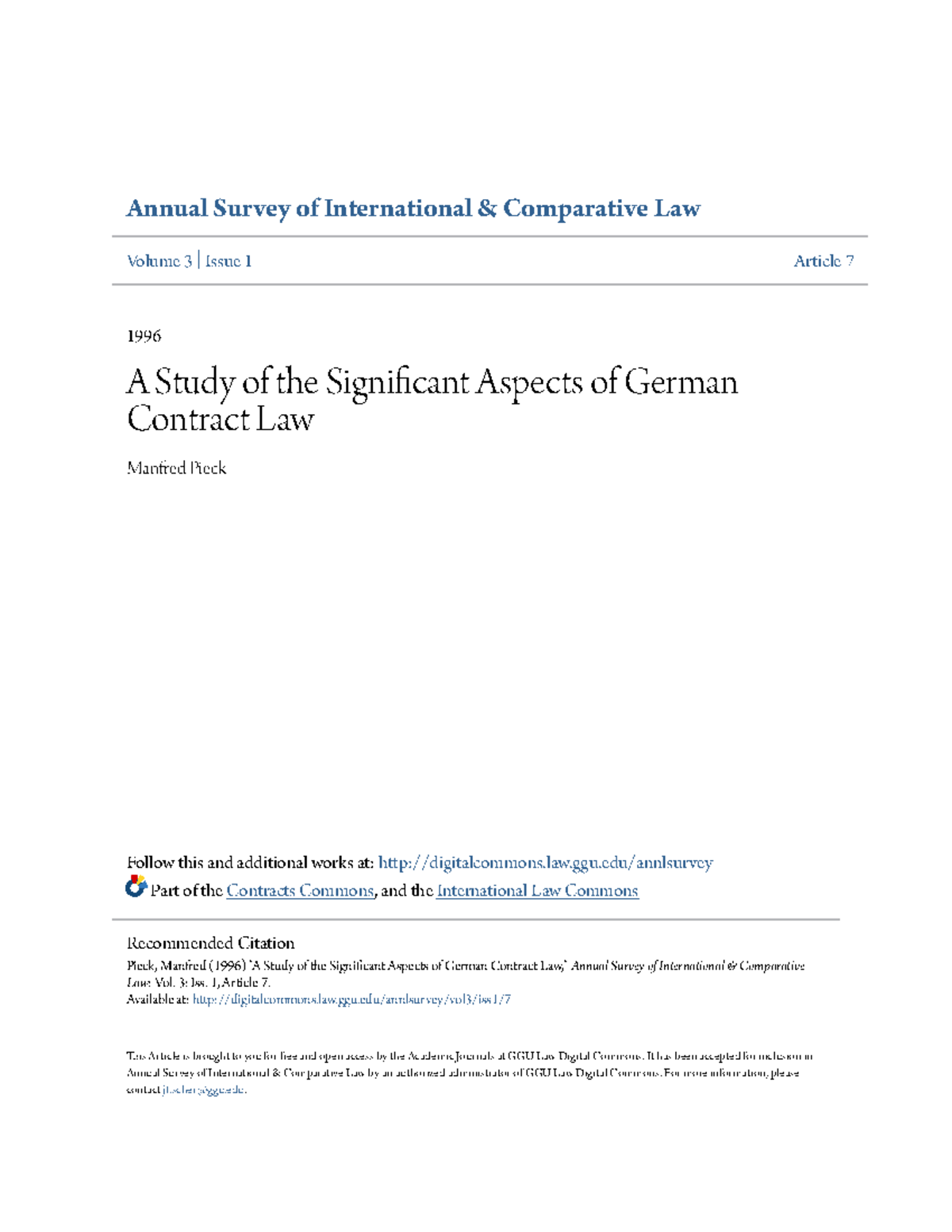 German Contract Law Annual Survey of International & Comparative Law