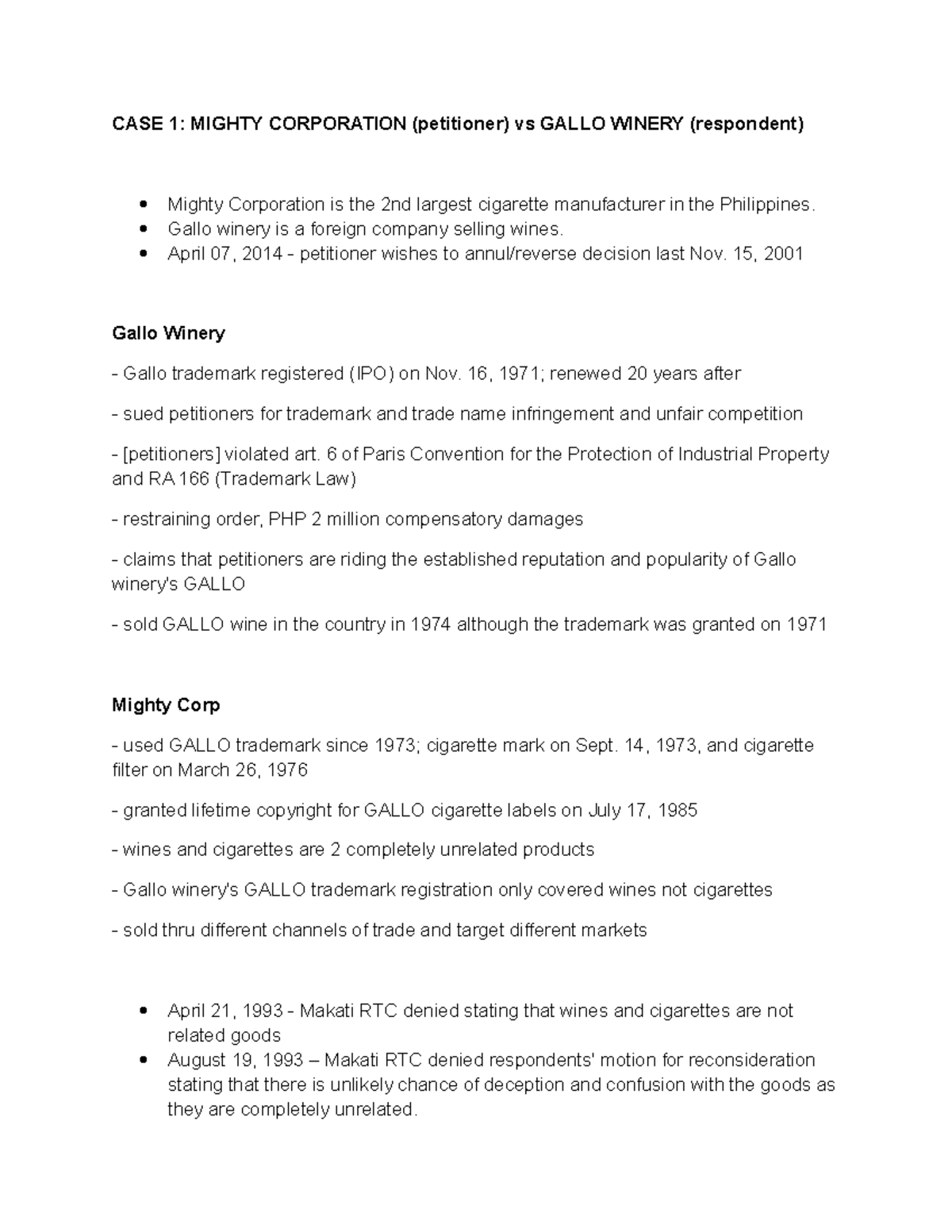 Mighty Corporation v Gallo Winery CASE 1 MIGHTY CORPORATION