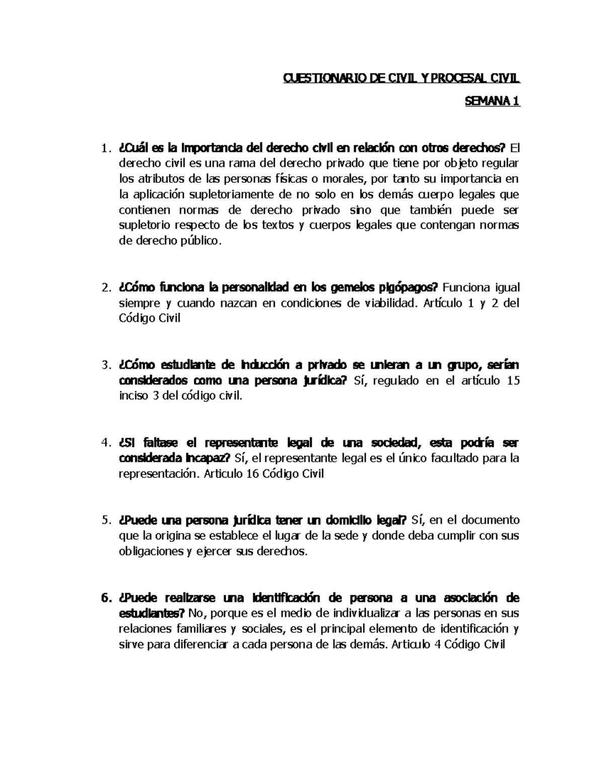 Derecho Civil Y Procesal Civil Semana 1 A 5 - CUESTIONARIO DE CIVIL Y ...