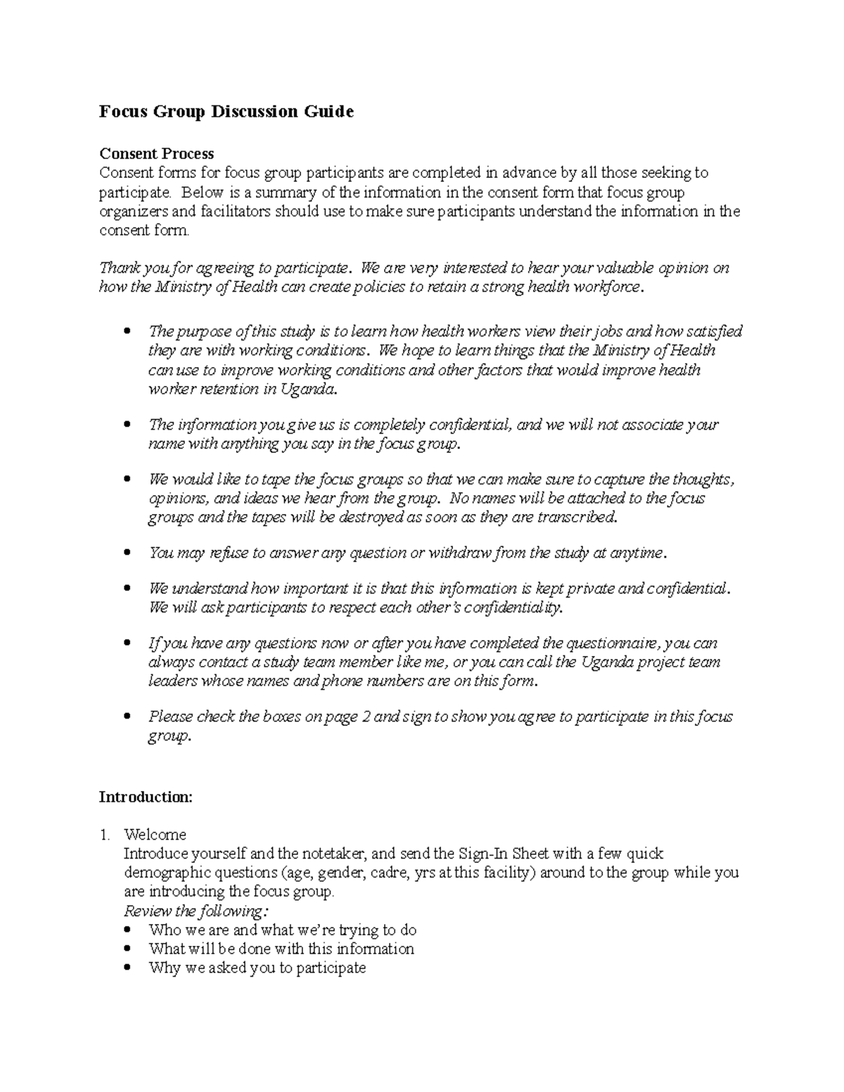 Focus Group Discussion Guide - Focus Group Discussion Guide Consent ...