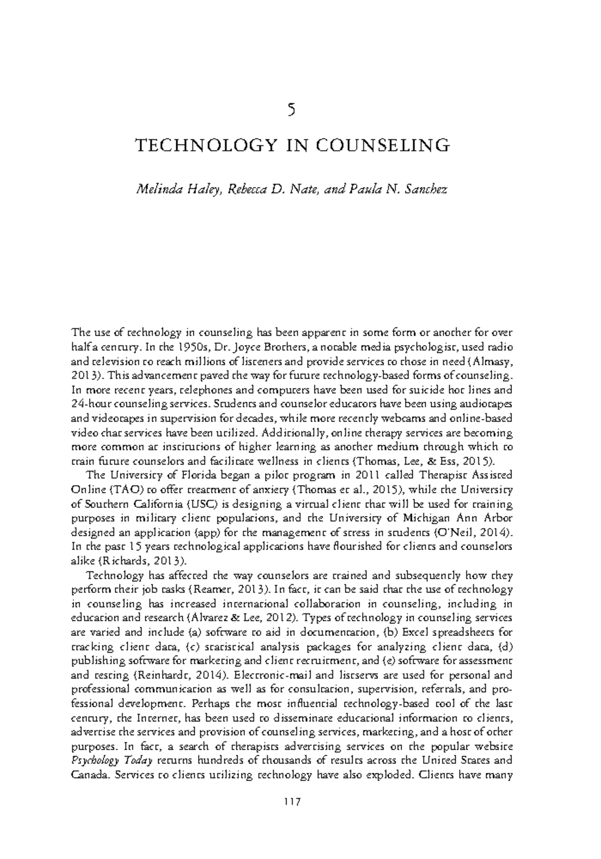 Introduction To The Counselling Profession - 5 TECHNOLOGY IN COUNSELING ...