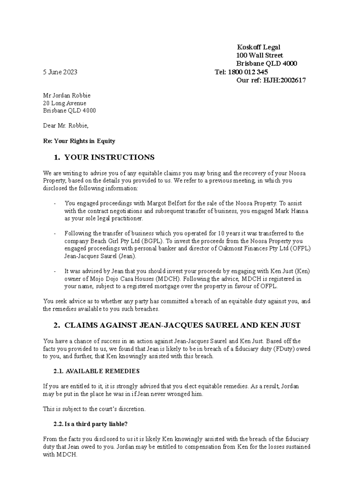 LLB205 Letter of Advice Koskoff Legal 100 Wall Street Brisbane QLD