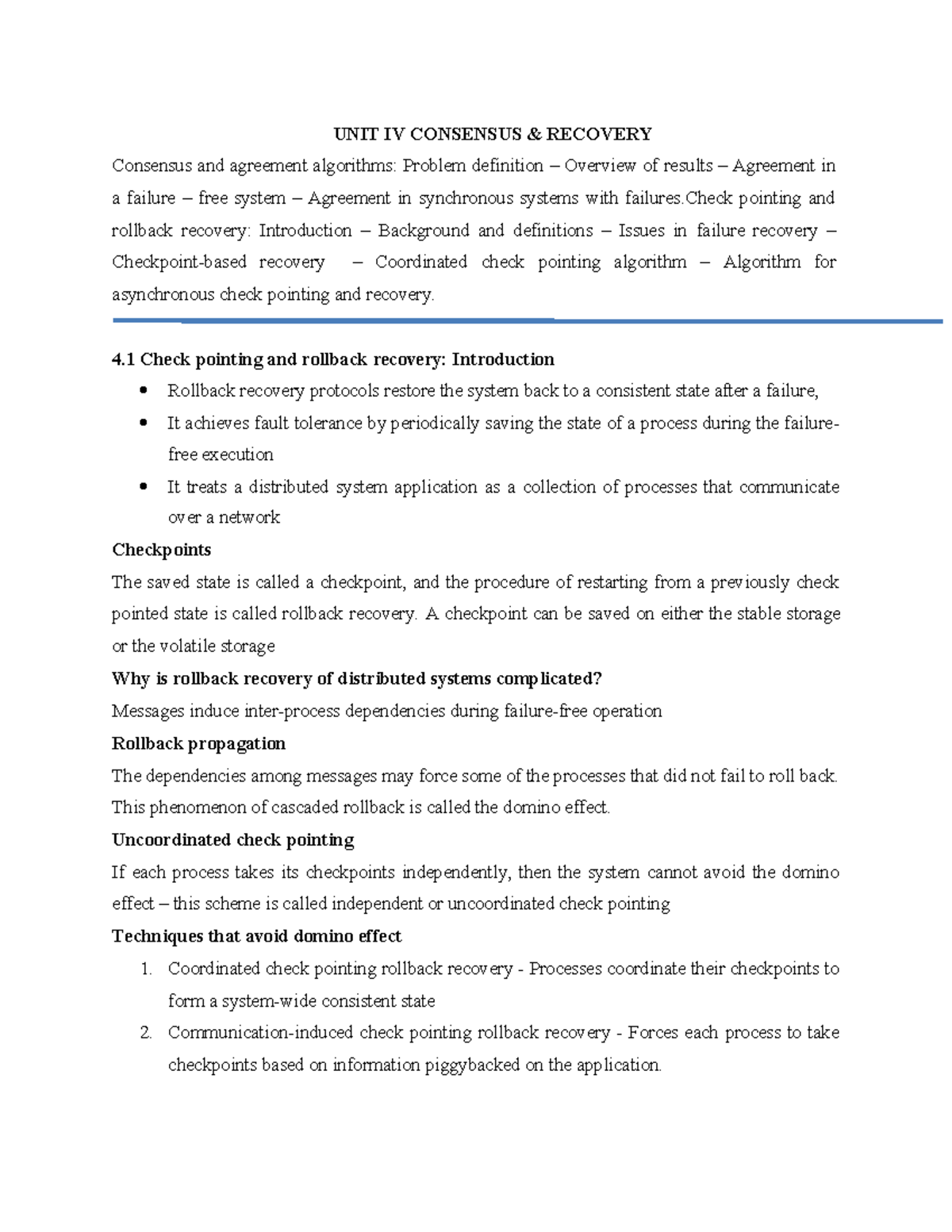 CS3551 Unit IV - UNIT IV CONSENSUS & RECOVERY Consensus and agreement ...