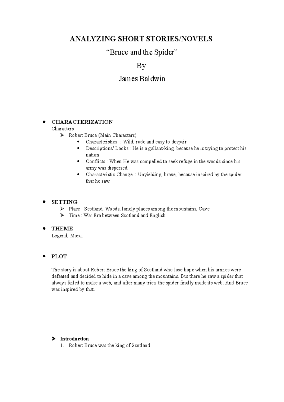 ANALYZING SHORT STORIES/NOVELS “Bruce and the Spider” By James Baldwin ANALYZING SHORT Studocu