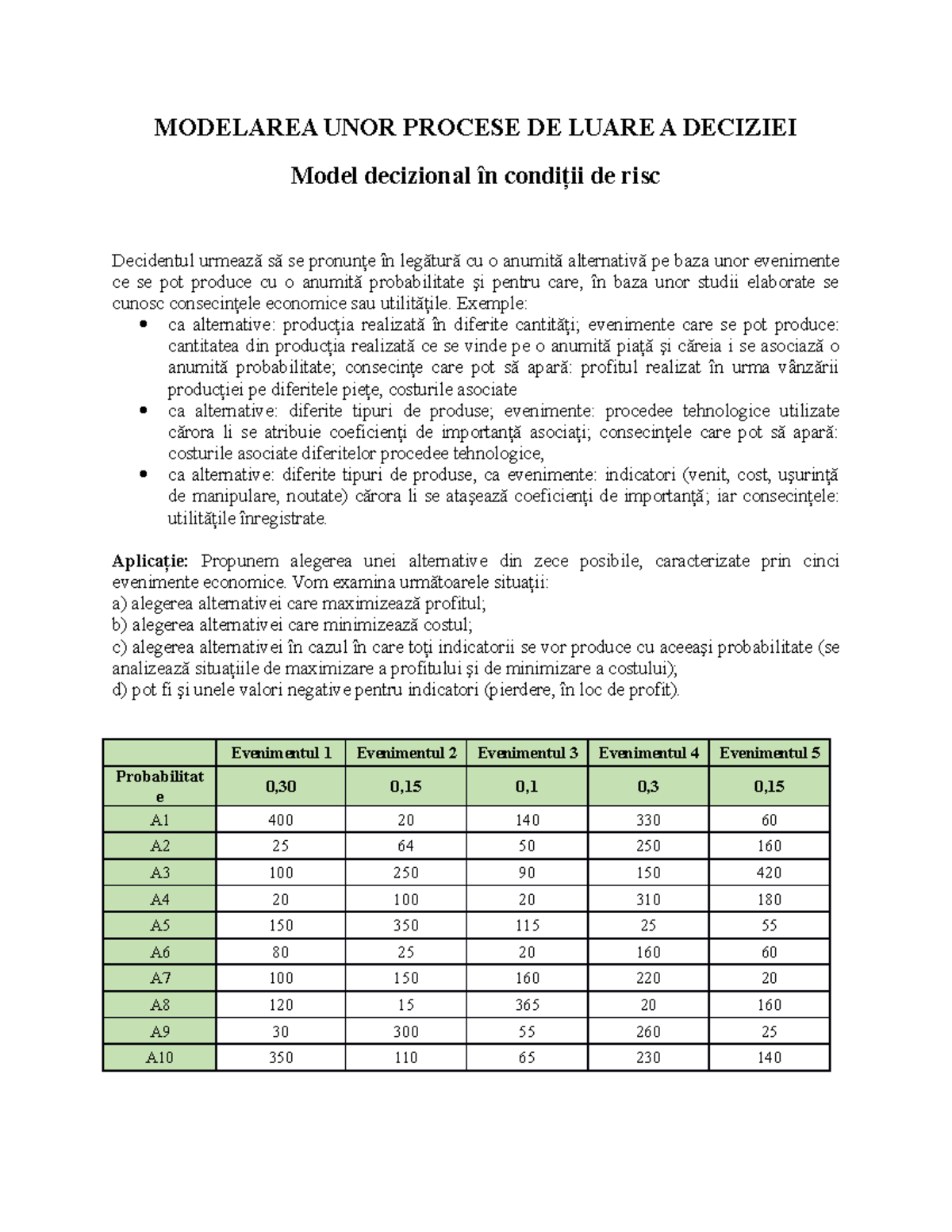 Modelarea UNOR Procese DE Luare A Deciziei - MODELAREA UNOR PROCESE DE ...