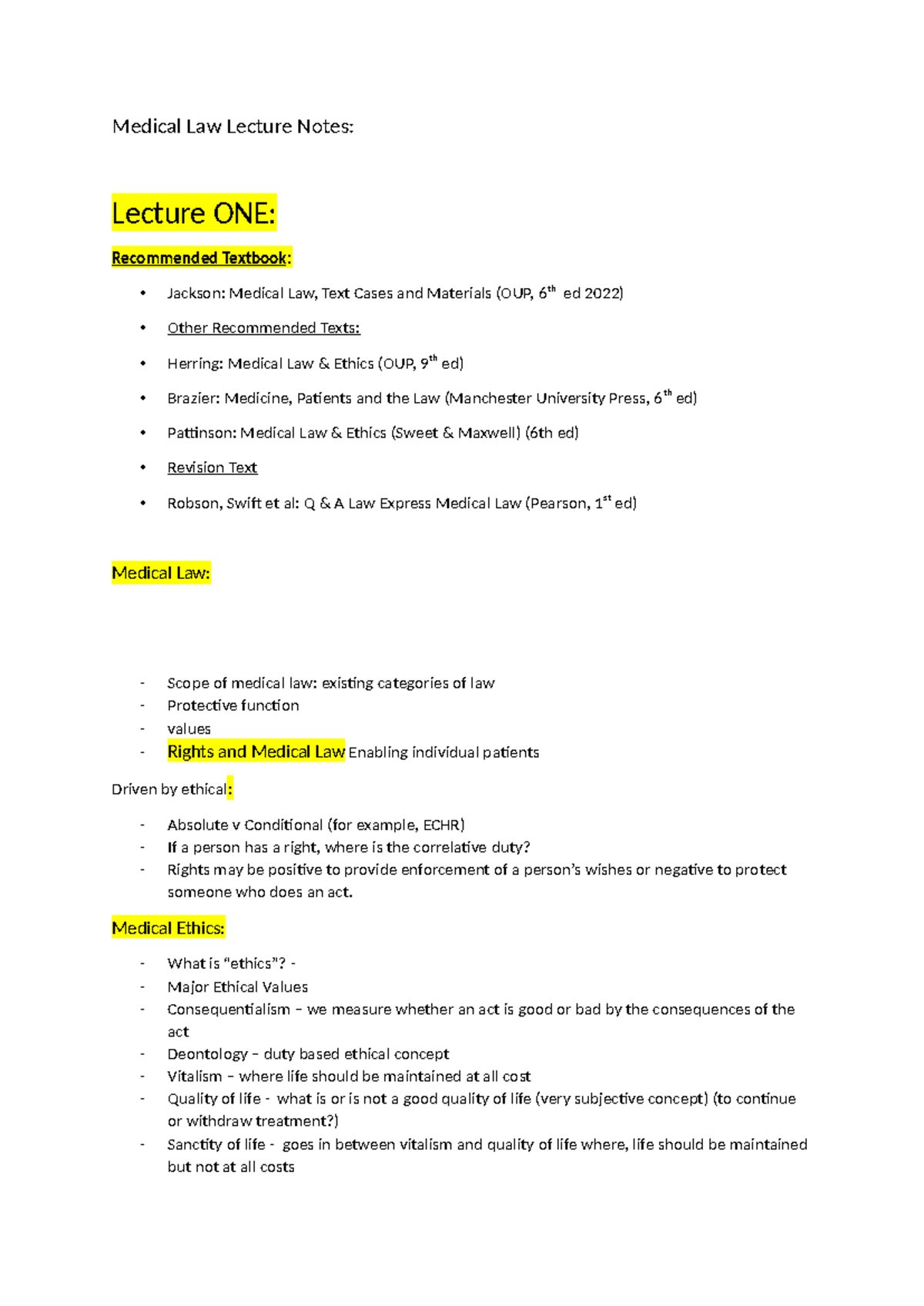 Medical Law Lecture Notes - Medical Law Lecture Notes: Lecture ONE ...