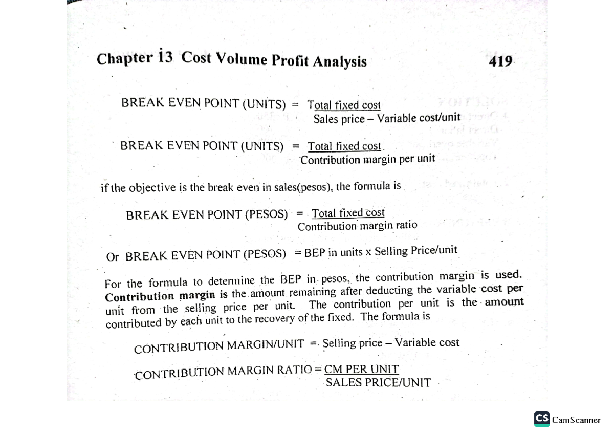 CVP- Analysis- Formula - Chapter i3 Cost Volume Profit Analysis 419 ...