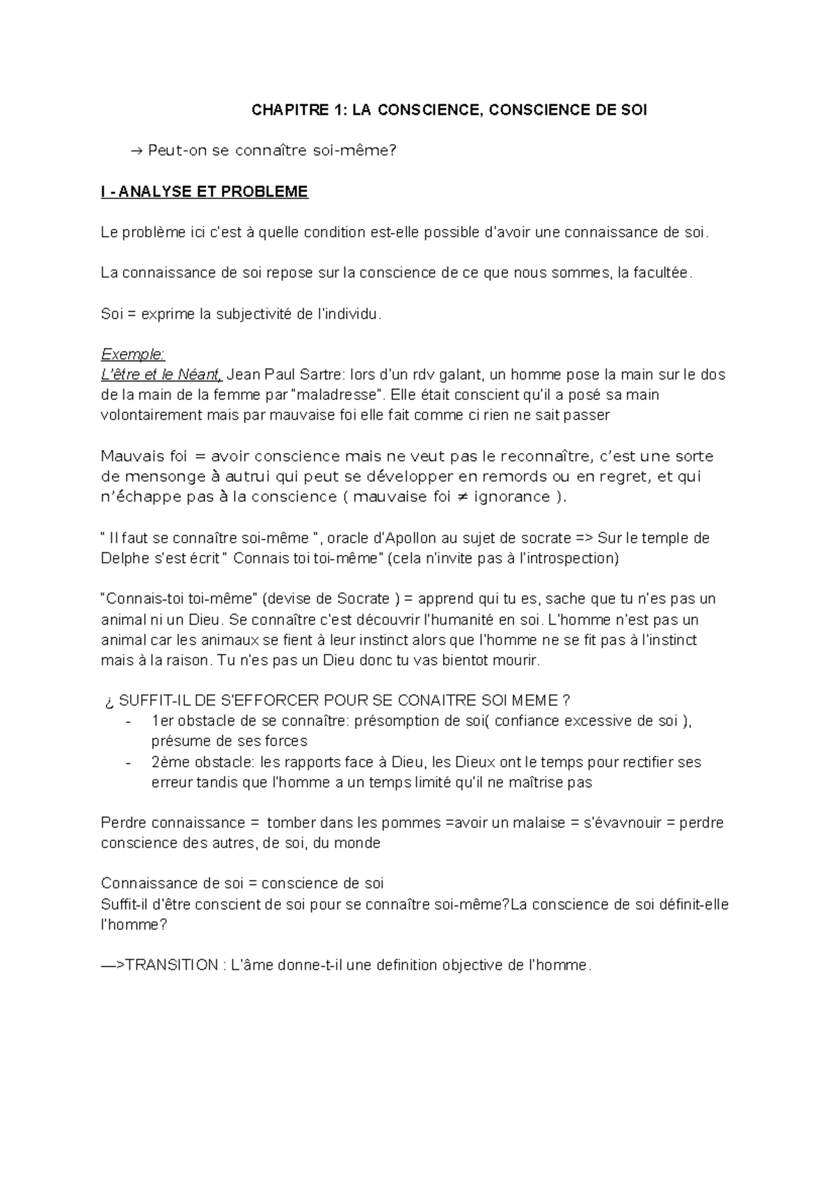 Chapitre 1 LA Conscience Conscience DE SOI - CHAPITRE 1: LA CONSCIENCE ...