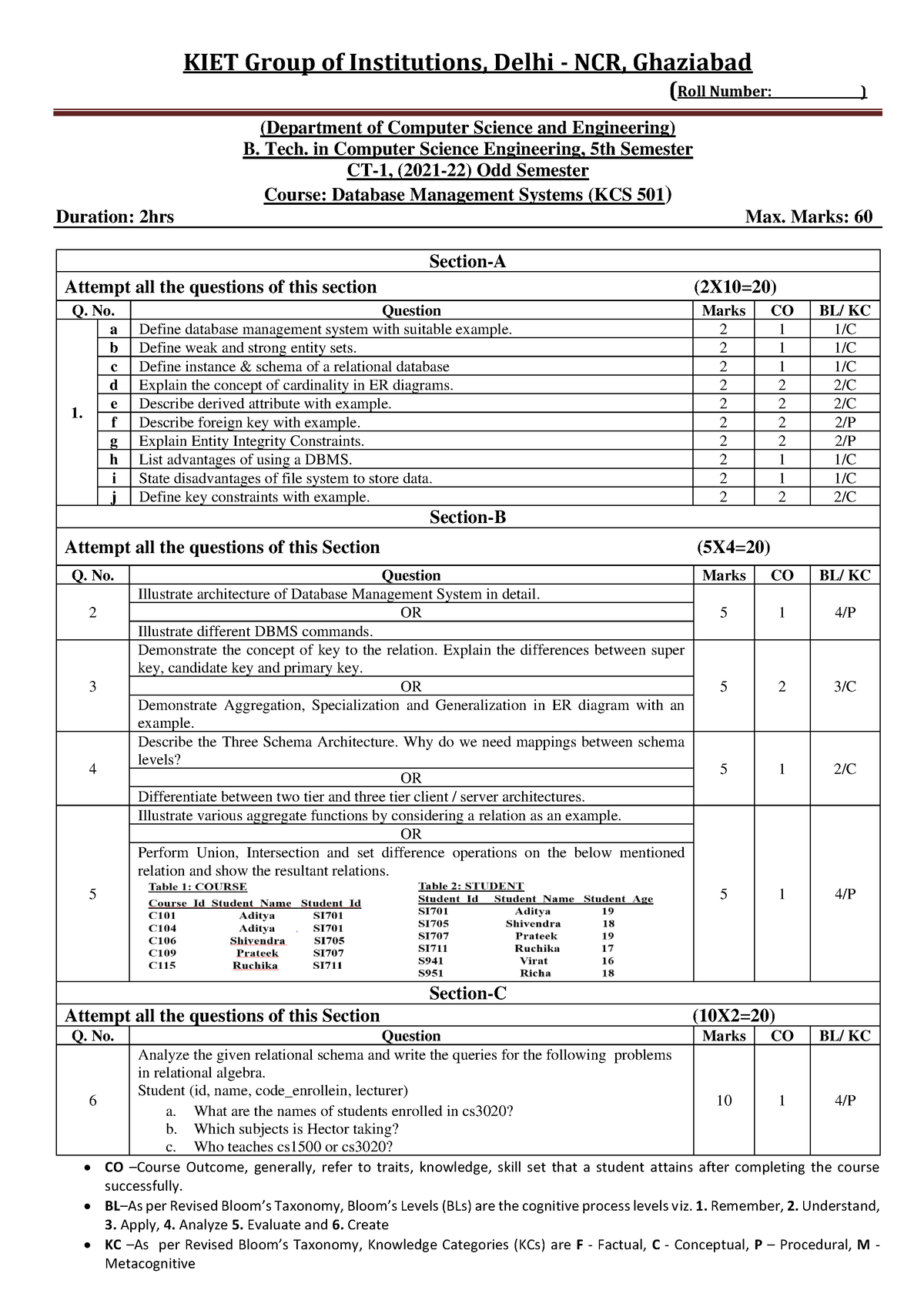 CT1 21-22 DBMS - CT paper - • CO – Course Outcome, generally, refer to ...