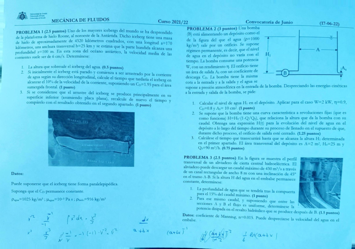 Examen Junio 2022-Industriales - MECÁNICA DE FLUIDOS Curso 2021