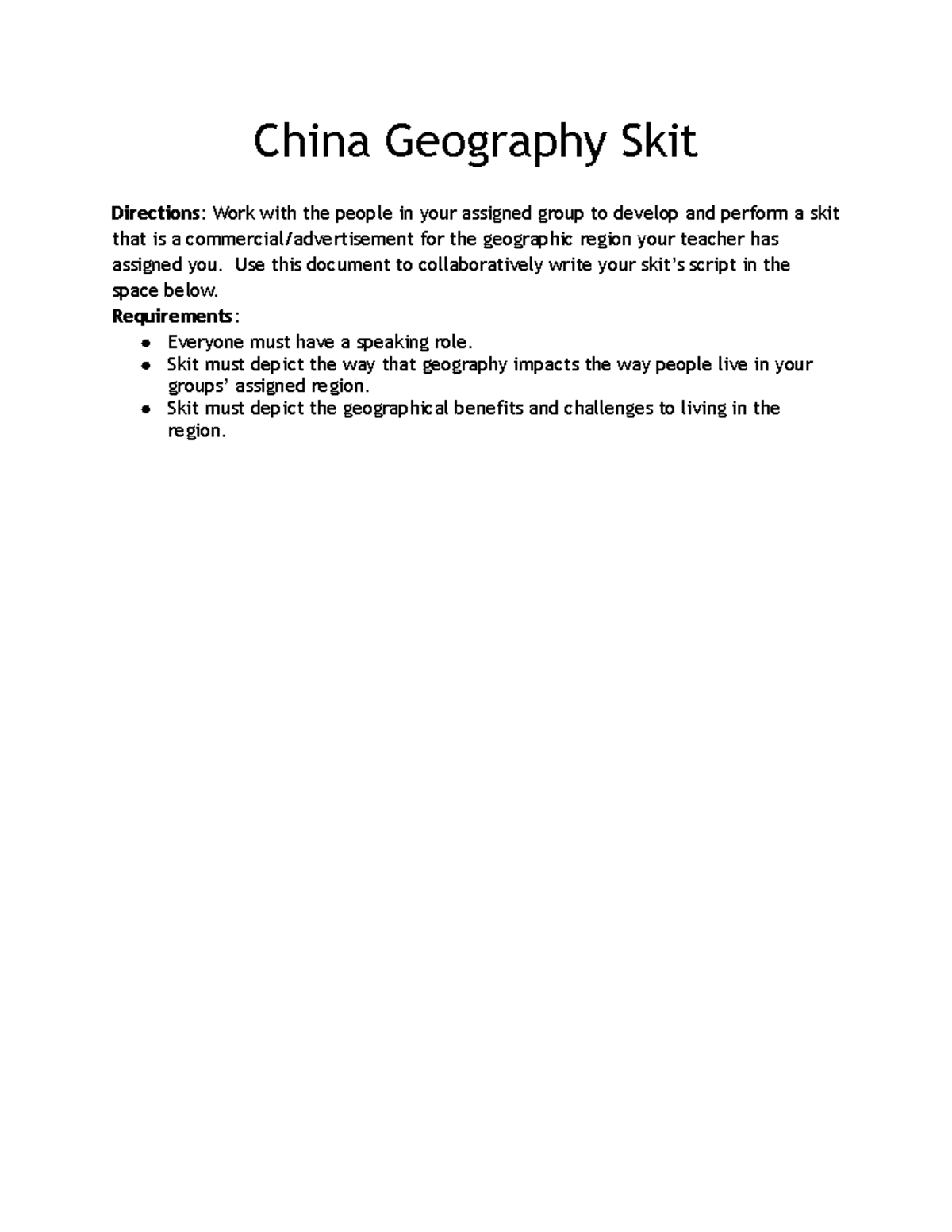 Group 5 China Geography Skit Instructions and Script China