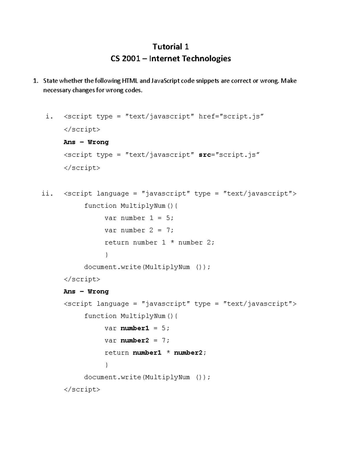 Tutorial 1 - Answers - Tutorial 1 CS 2001 – Internet Technologies State ...