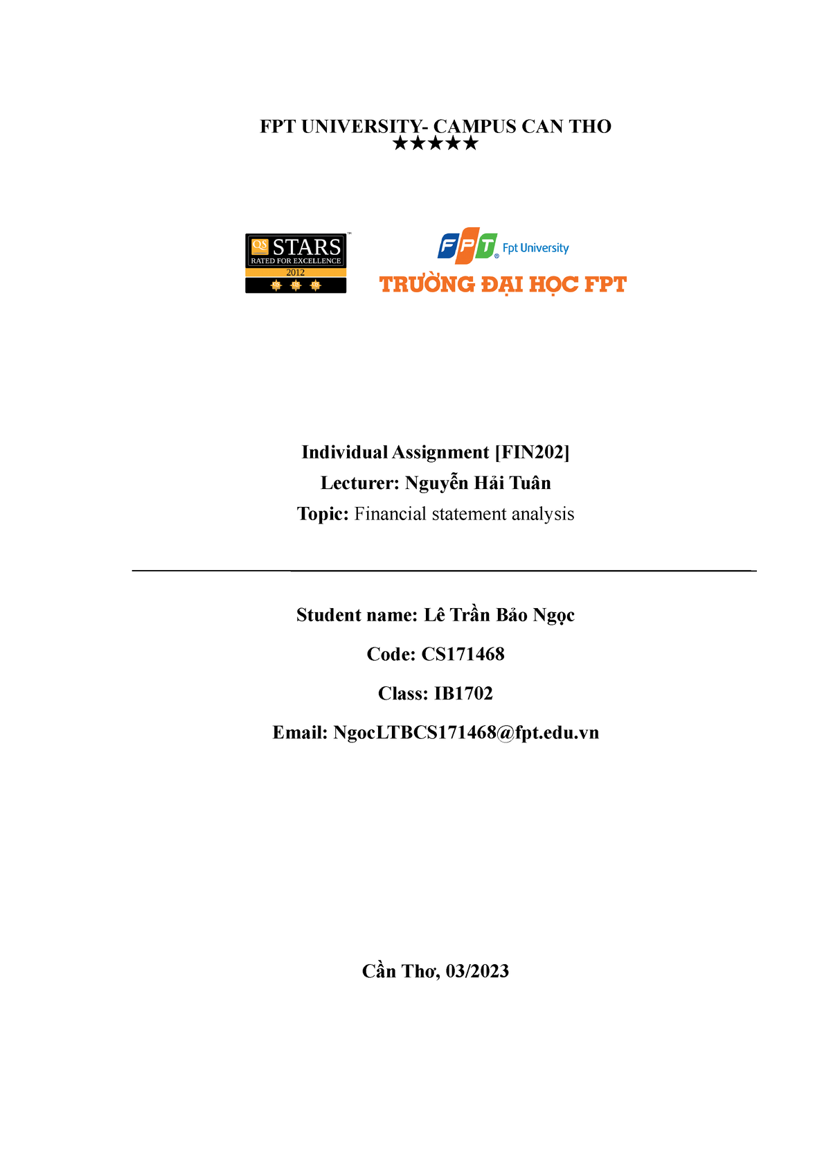 FIN202 IB1702 Individual Assignment - Corporate Finance - FPT - Studocu