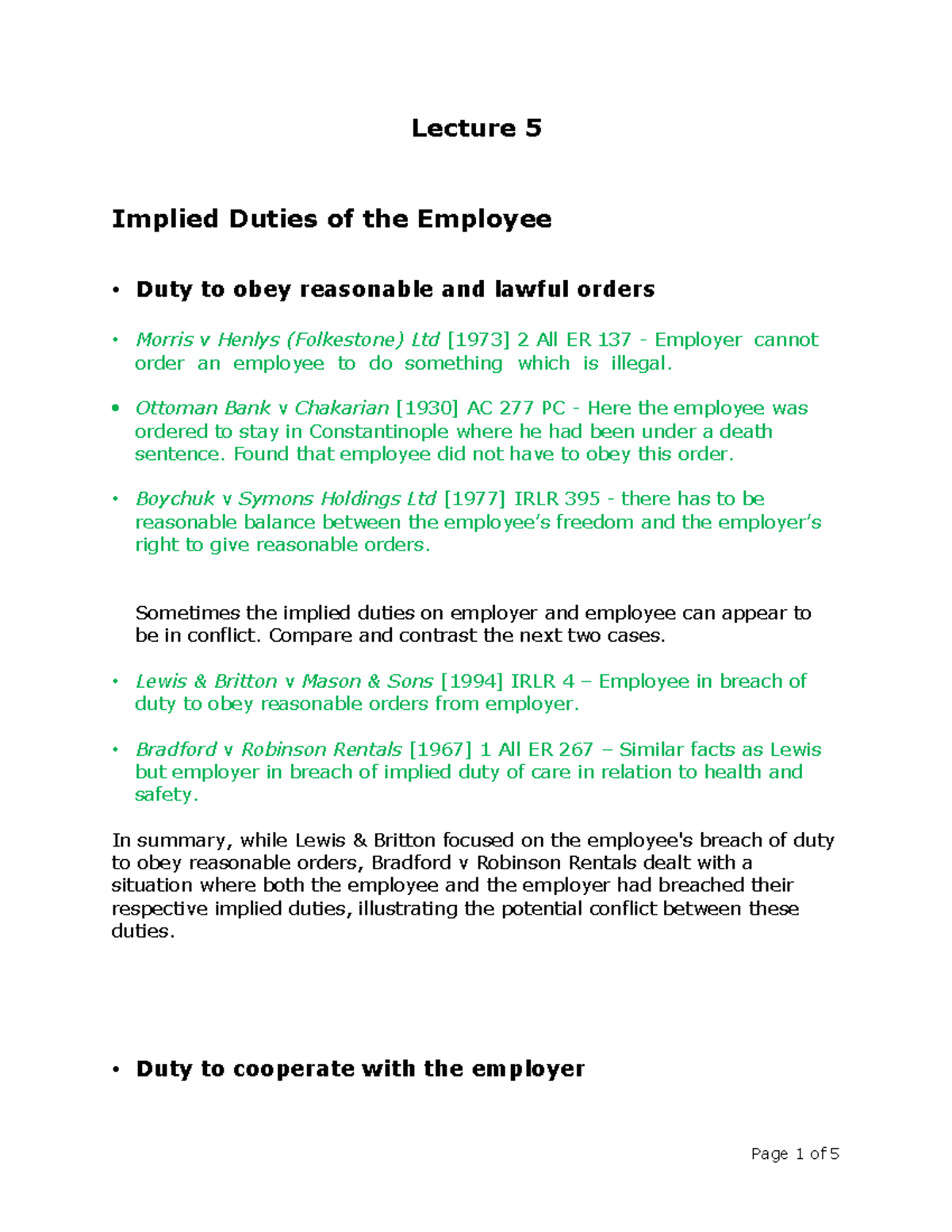 Lecture 5- Implied Duties Employee - Lecture 5 Implied Duties of the ...