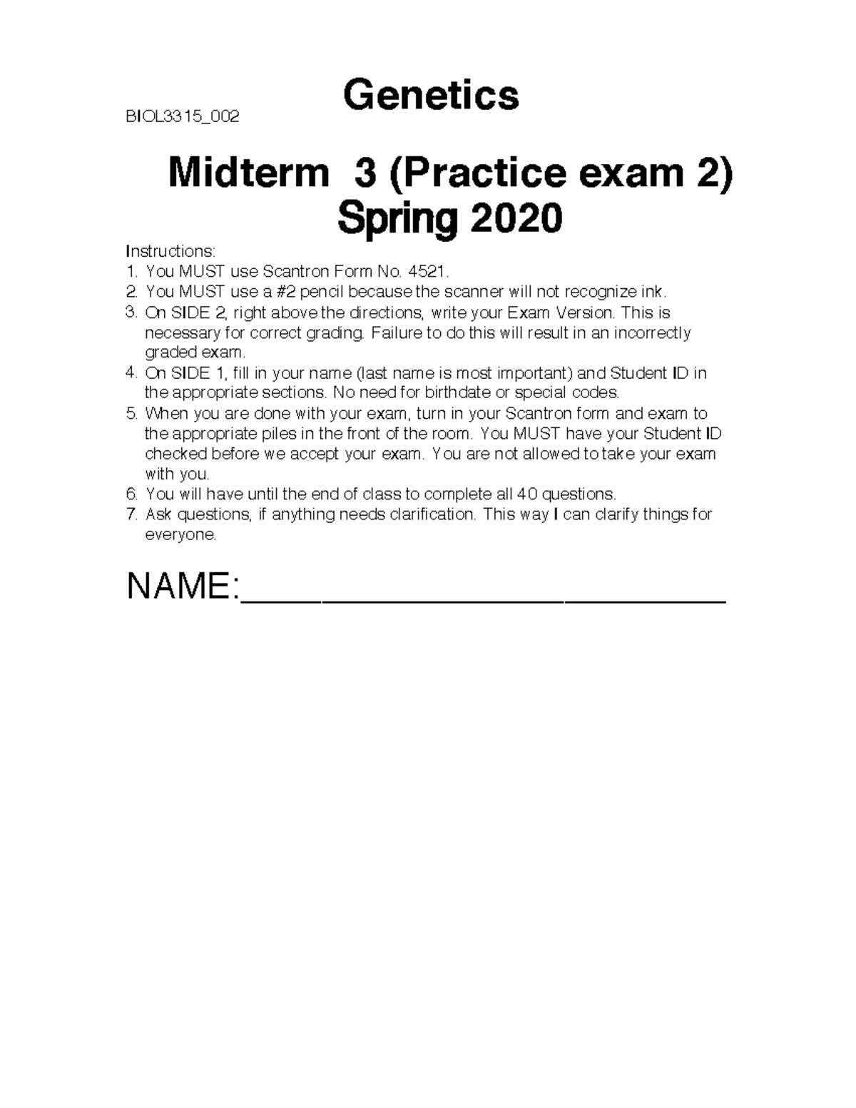 Midterm 3 Practice Exam 2- Ch - BIOL3315_00 2 Genetics Midterm 3 ...