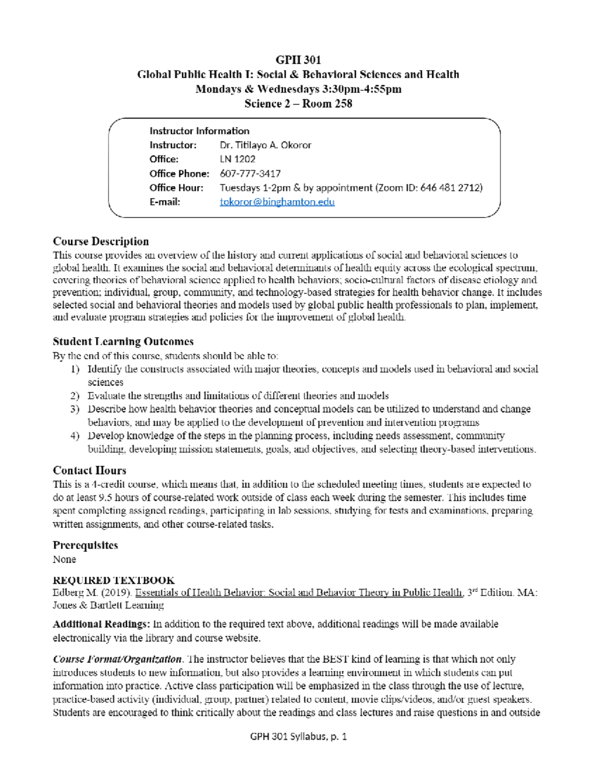 Syllabus Overview - Fall 2023 GPH I Social Behav Sci Health (AFST-380Z ...