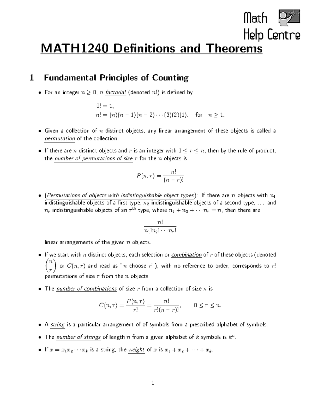 MATH1240 Definitions - Given a collection of n distinct objects, any ...