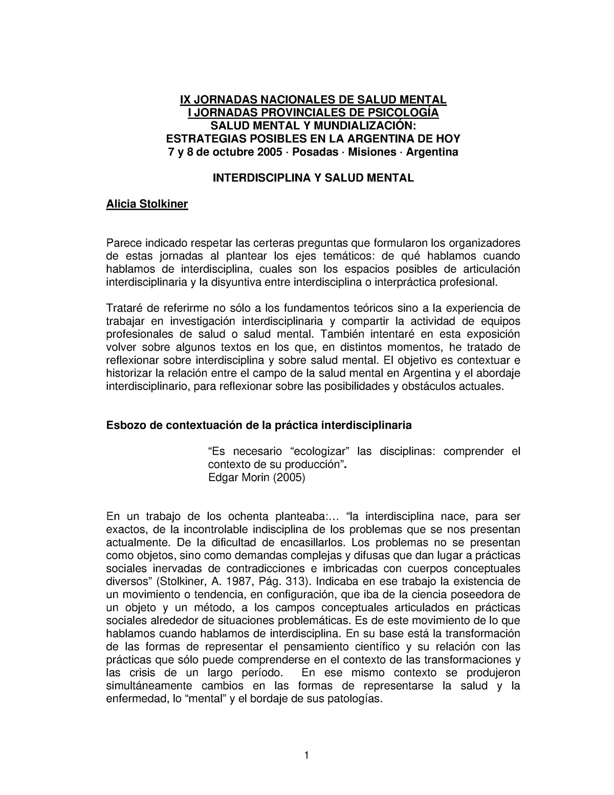 Stolkiner interdisciplina salud mental 11 - IX JORNADAS NACIONALES DE ...