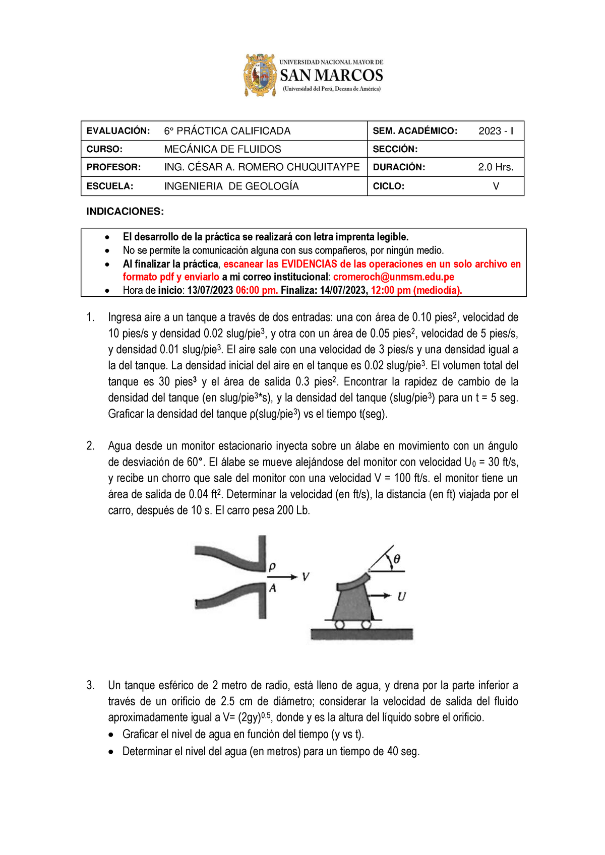 6° Práctica Calificada - Mecánica De Fluidos (2023-I) - INDICACIONES ...