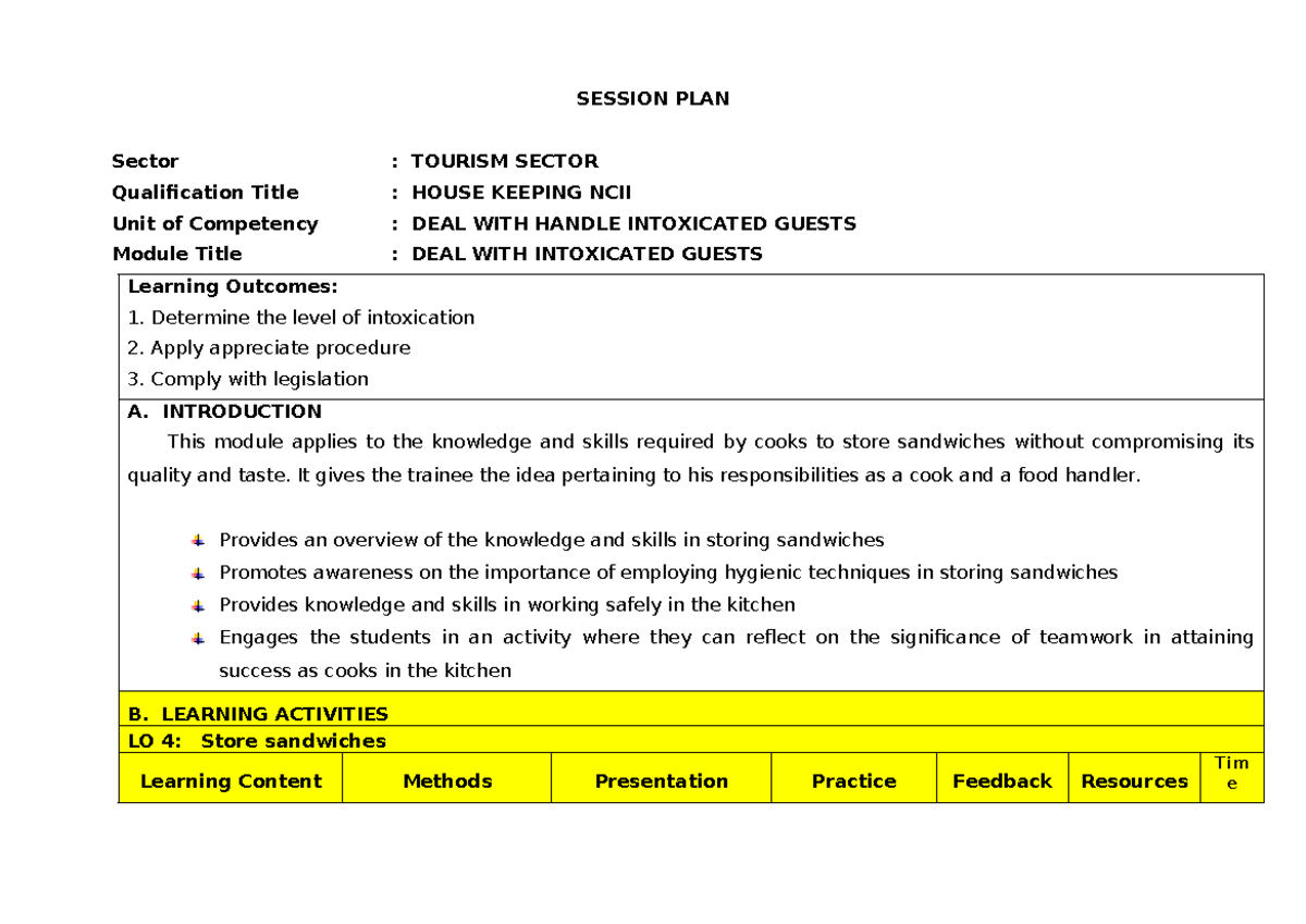 Session PLAN Sector Tourism Sector Quali - SESSION PLAN Sector ...