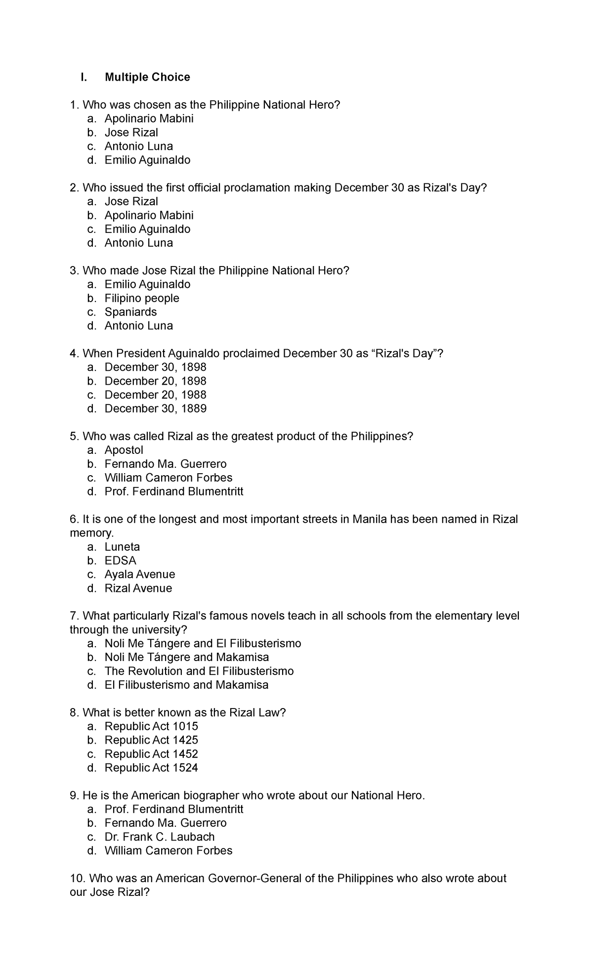 500 Questions - The Life And Works of Rizal - I. Multiple Choice Who ...