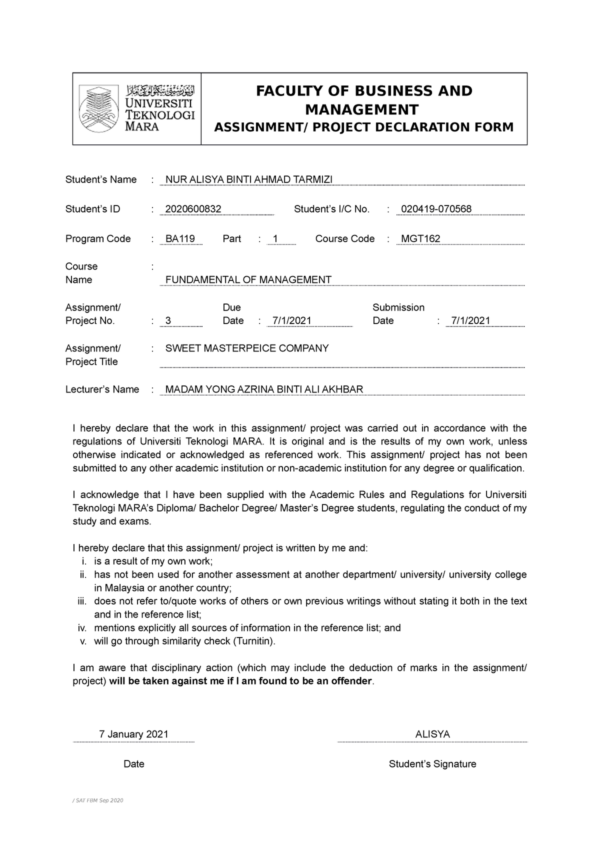 Assignment Project Declaration Form Mgt269 Faculty Of Business And