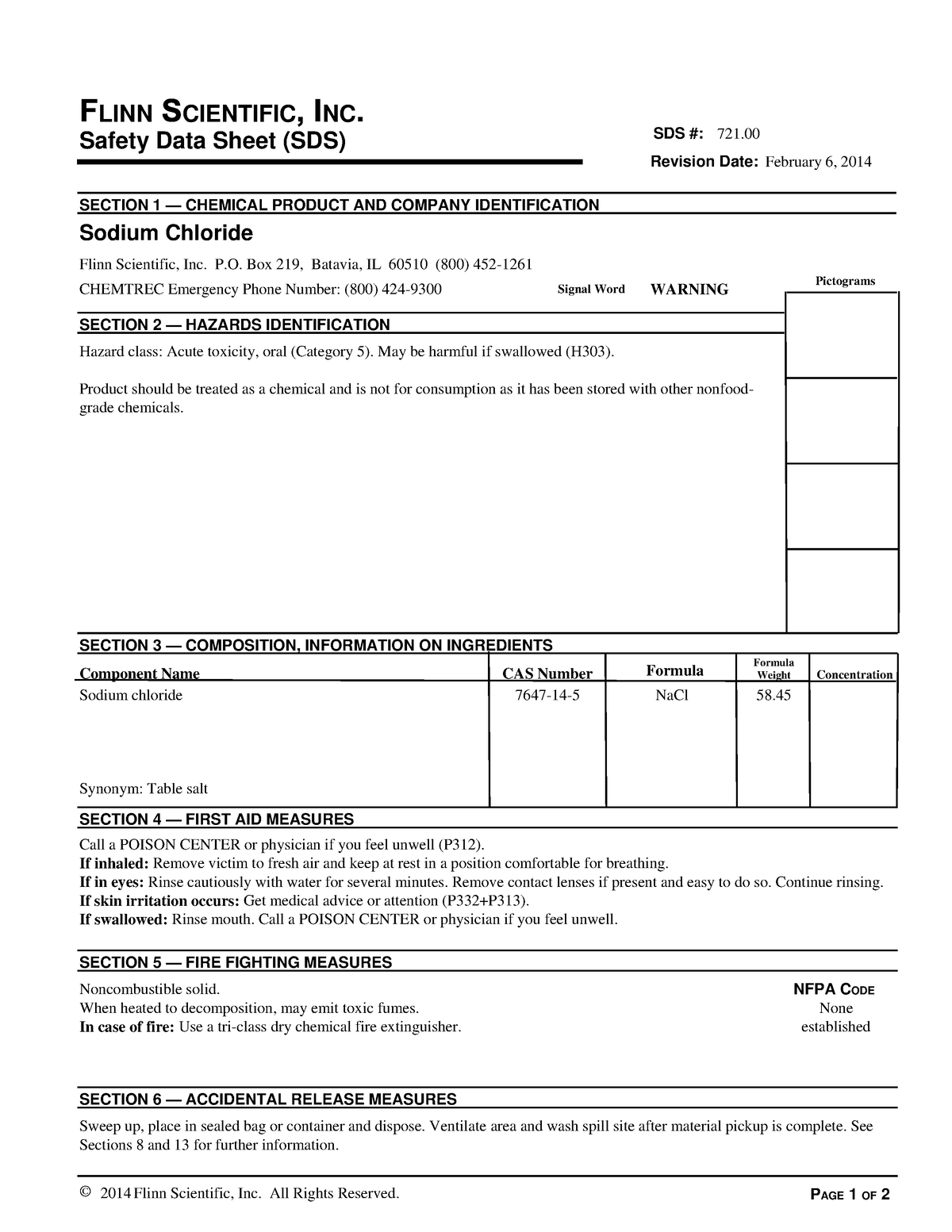 Sample SDS - note - 721. Safety Data Sheet (SDS) SECTION 1 — CHEMICAL ...