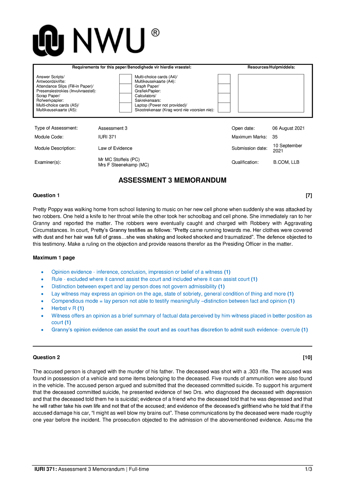 8.1.7.1.2 - 2021 - IURI 371 - Assessment 3 Memorandum - IURI 371 ...