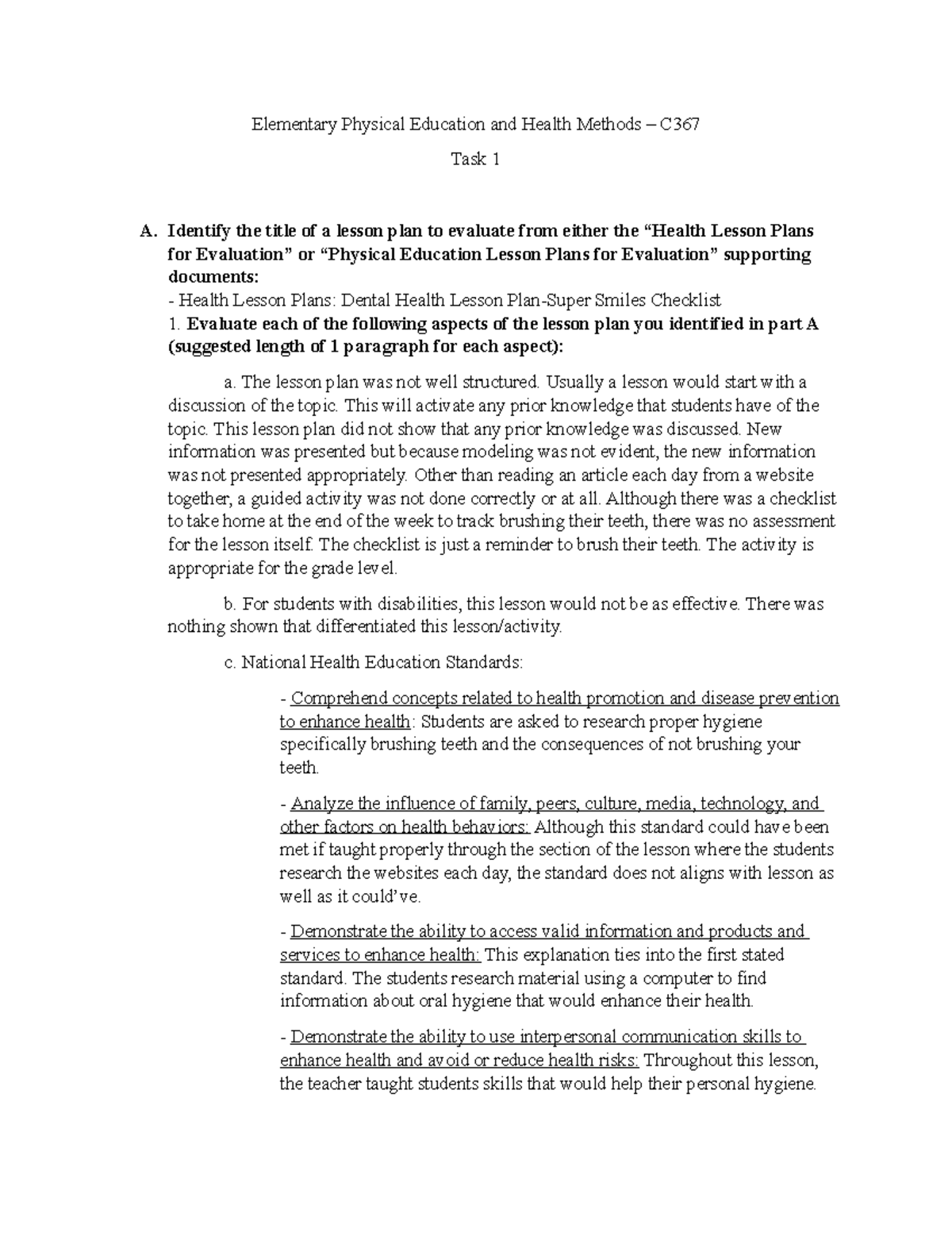 C367 Health study guide Elementary Physical Education and Health