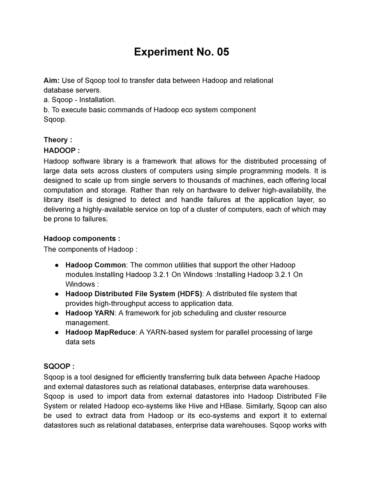 Experiment No. 5 BDA Use of Sqoop tool to transfer data between