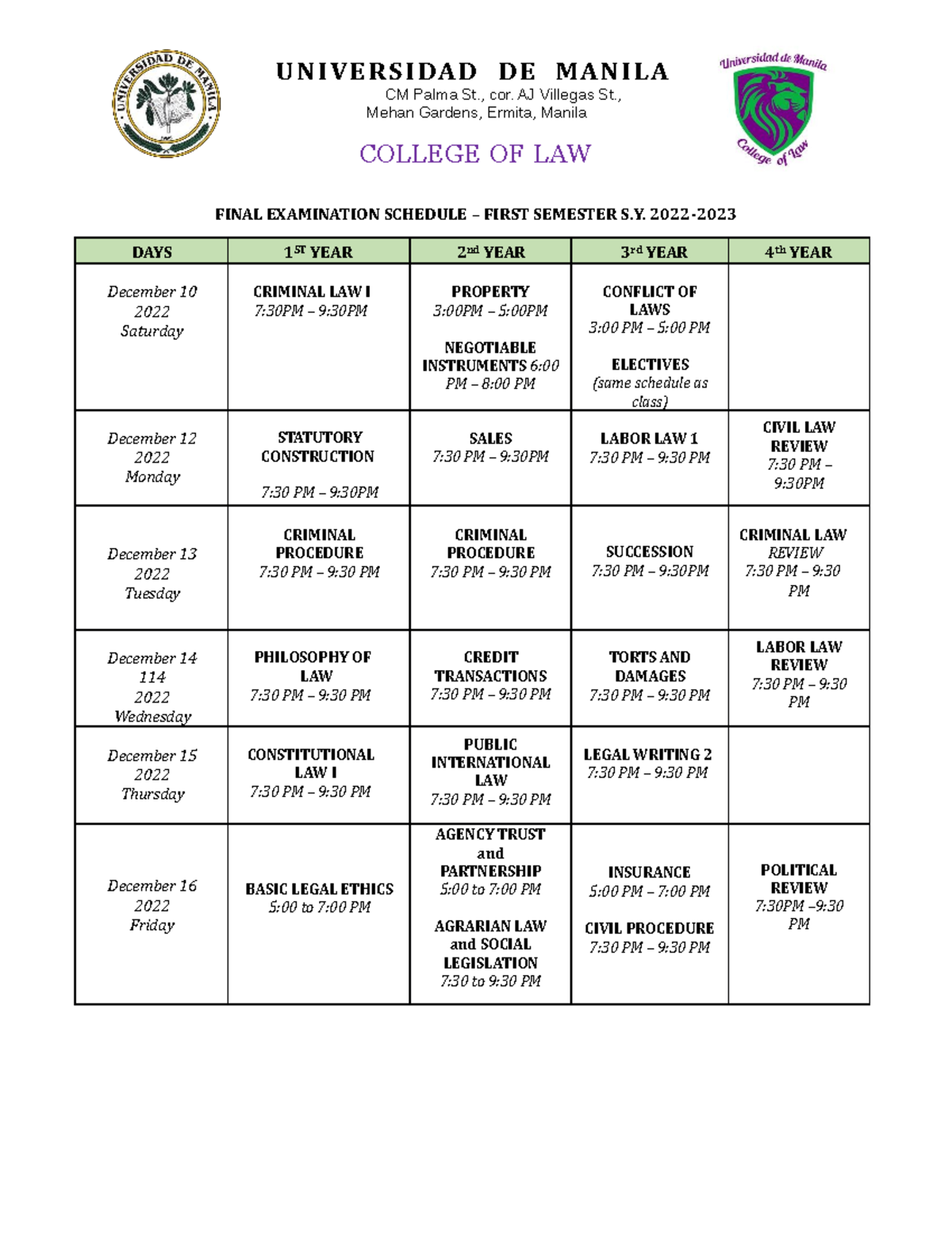 Finals Schedule UDM College of Law First Sem 2022 to 2023 1 1