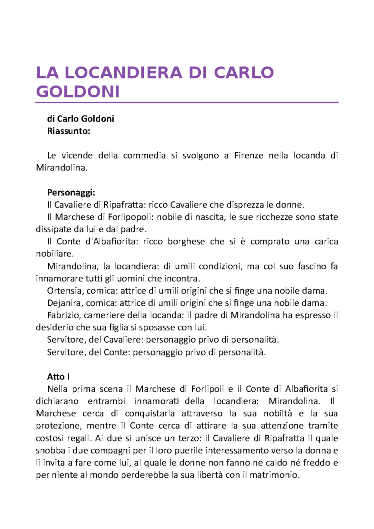 LA Locandiera DI Carlo Goldoni - LA LOCANDIERA DI CARLO GOLDONI Di ...