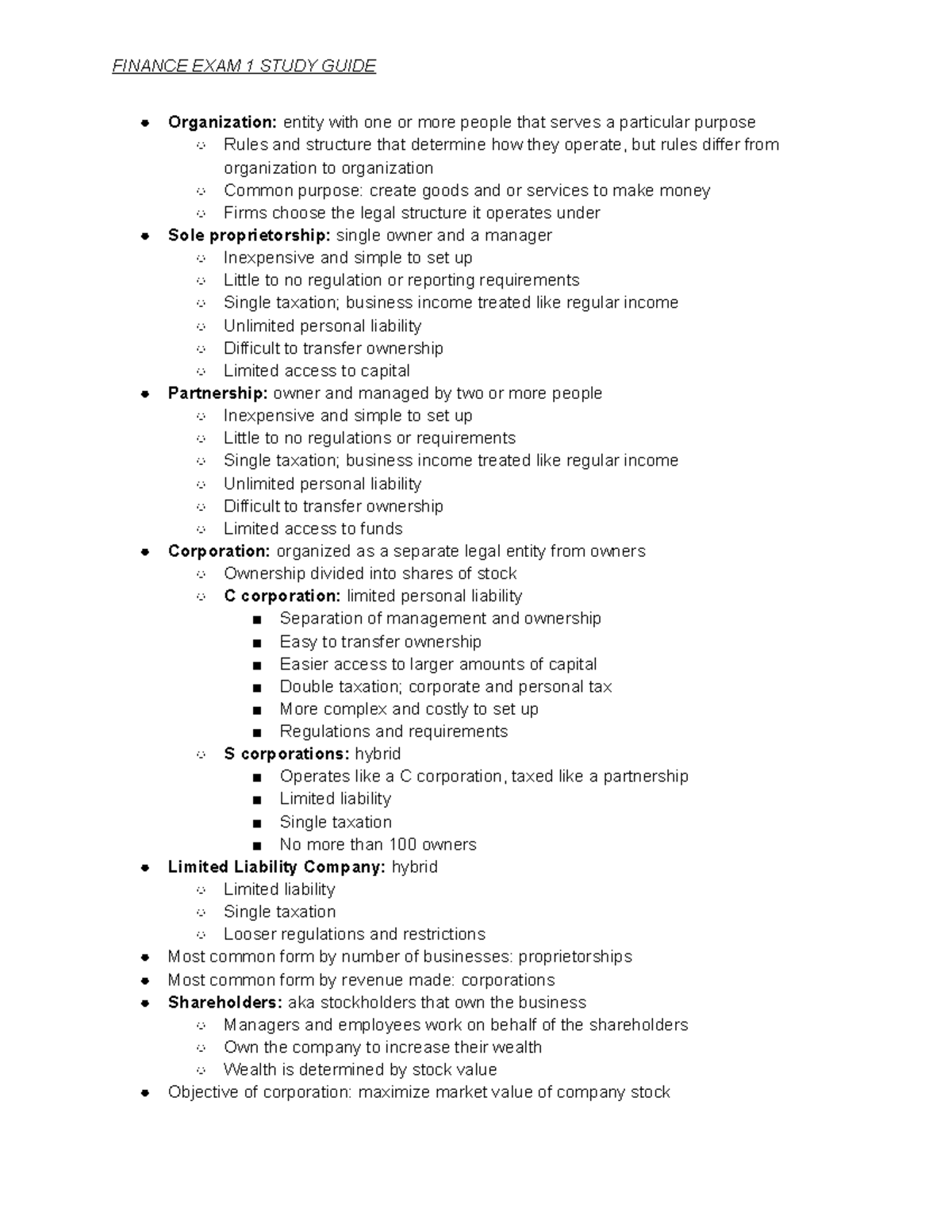 Finance EXAM 1 Study Guide - Organization: entity with one or more ...