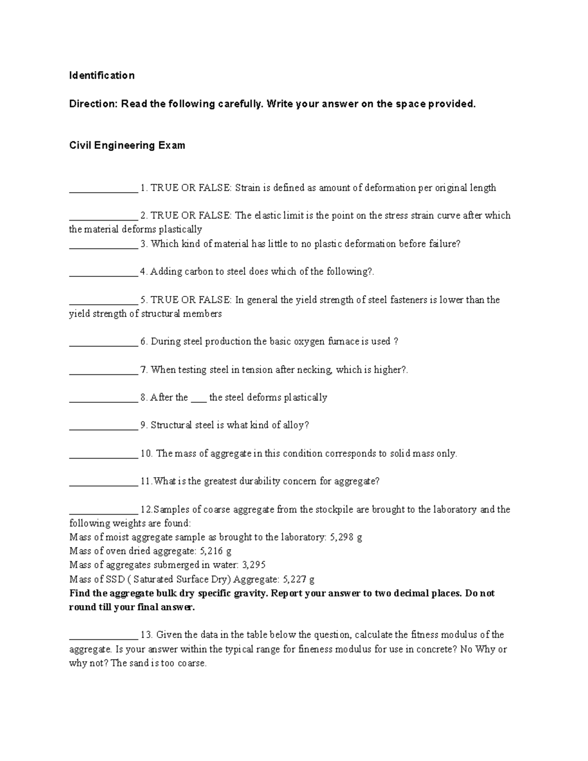 Civil Engineering Quarter 1 Exam 5 - Identification Direction: Read the ...