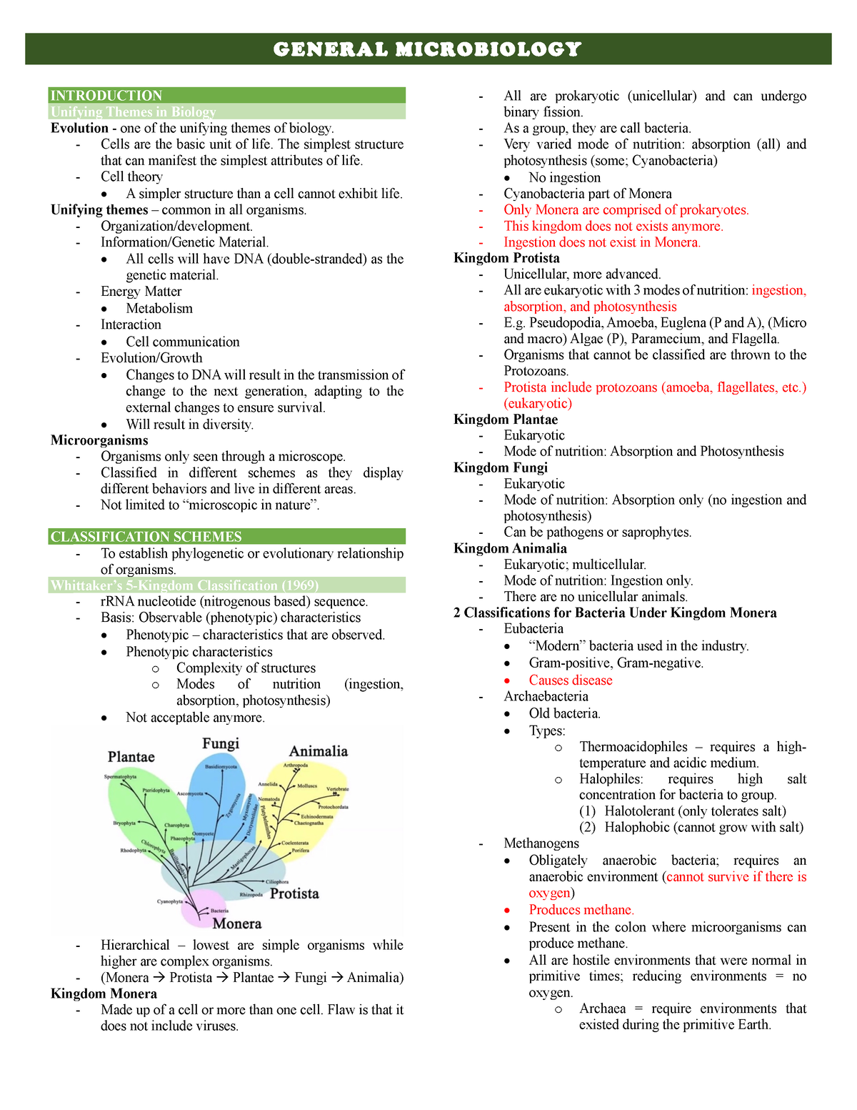 General Microbiology (Introduction-Chapter 1) - INTRODUCTION Unifying ...