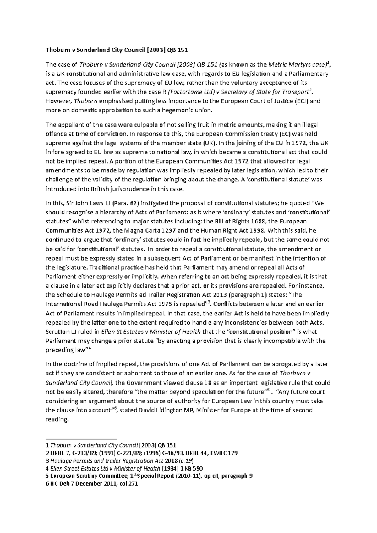 Constitutional Law Formative Assessment Thoburn v Sunderland City