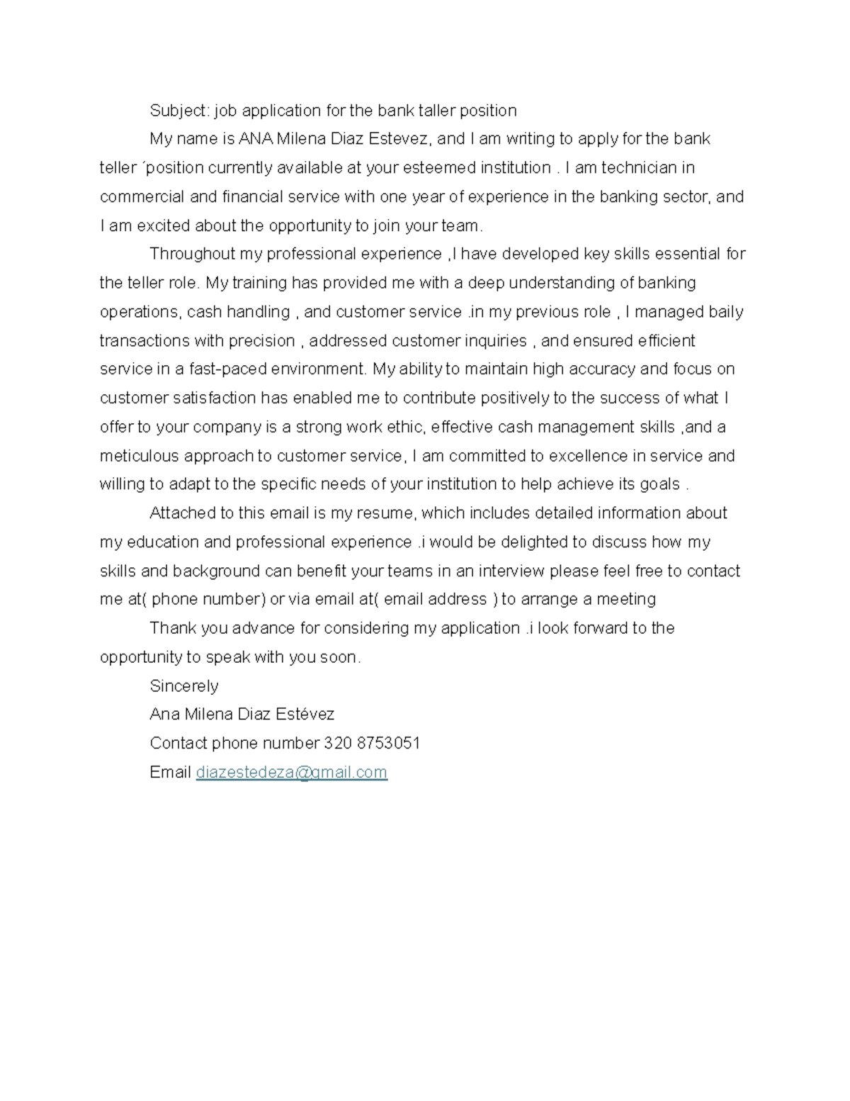 Correo de trabajo - Subject: job application for the bank taller ...