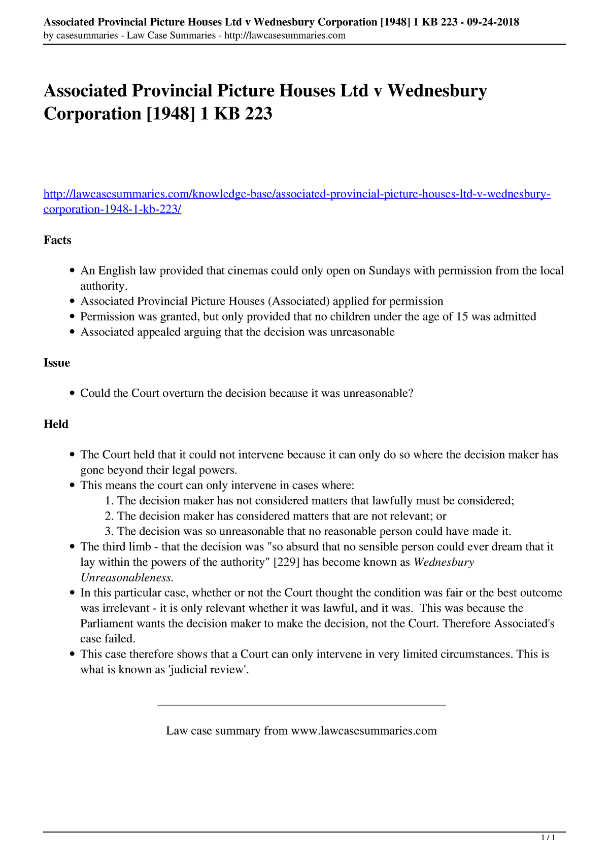 Associated Provincial Picture Houses Ltd V Wednesbury Corporation 1948 1 Kb 223 Associated 7417