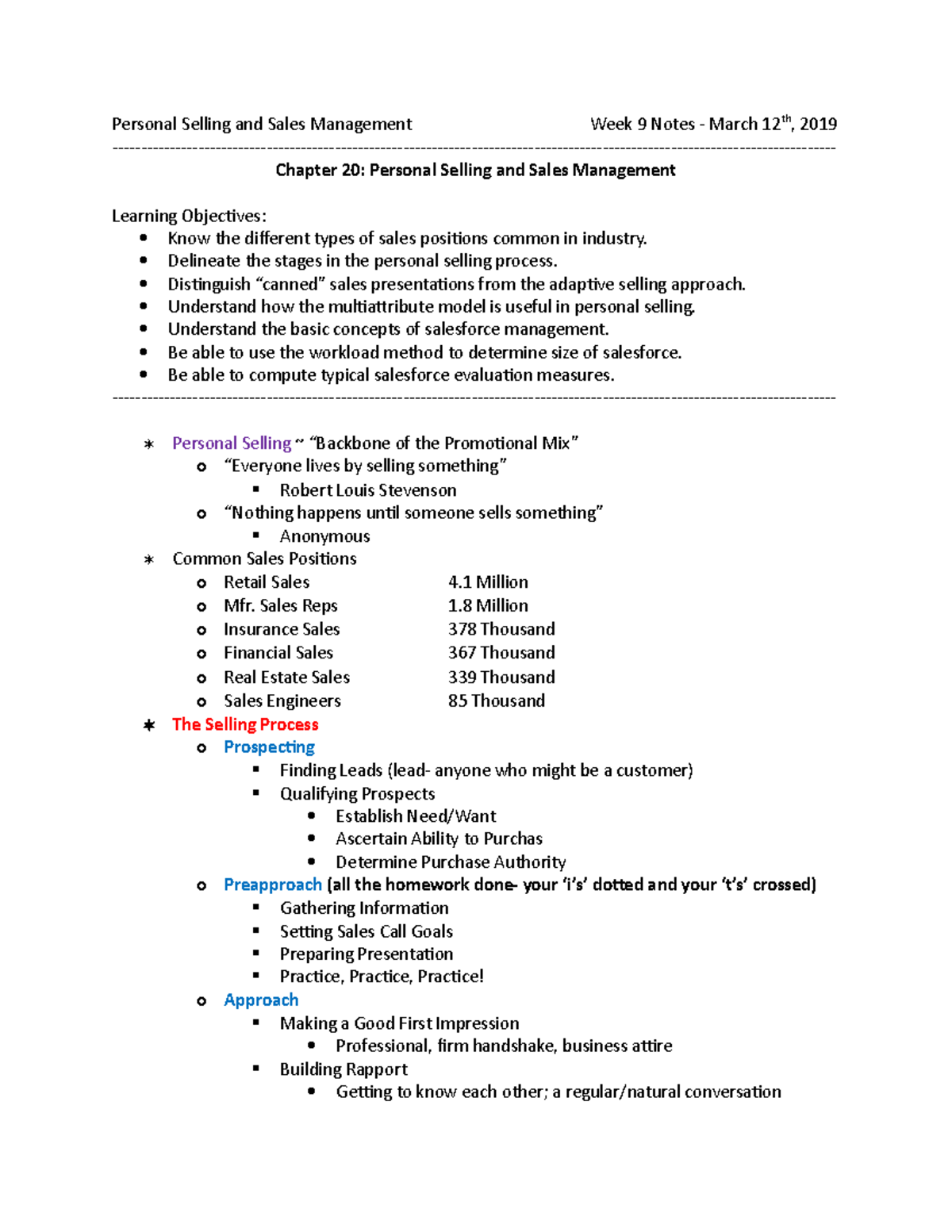 MAR3023- Week 9 Notes (Mar. 12) - Personal Selling and Sales Management ...