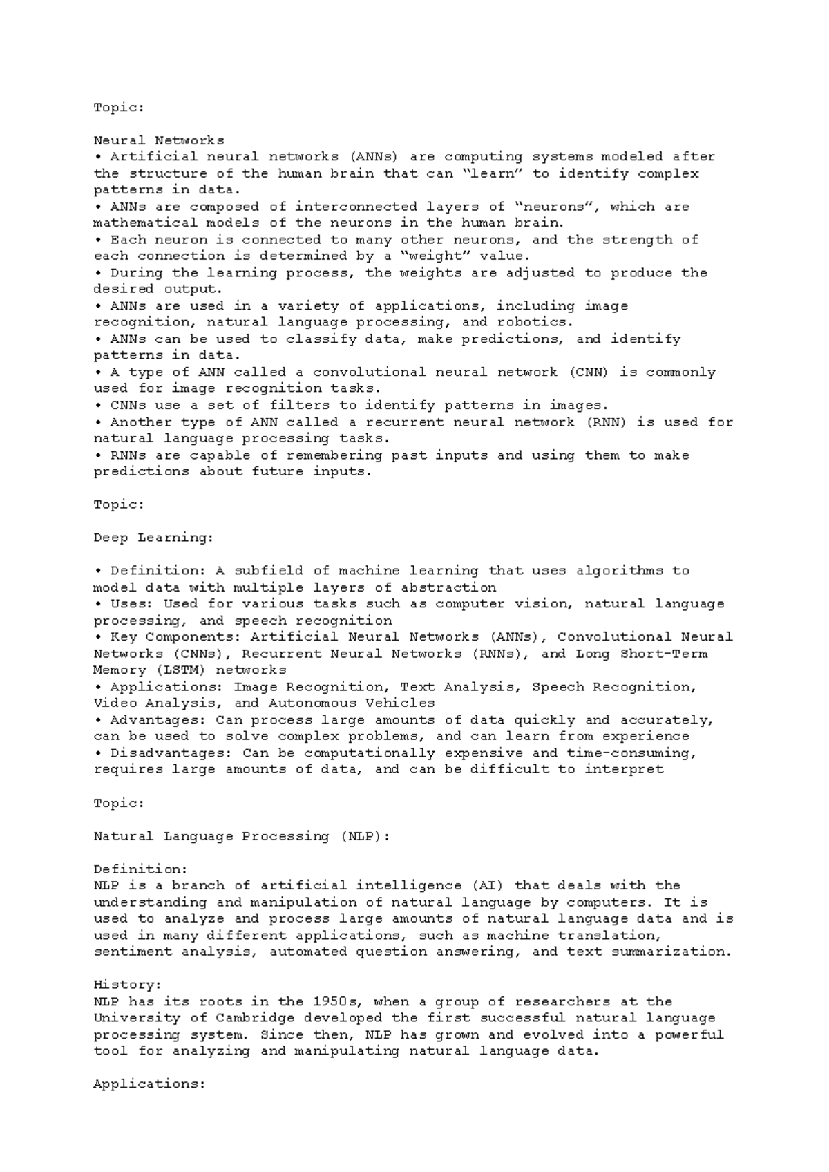 AI1 - Lecture Notes - Topic: Neural Networks Artificial neural networks ...