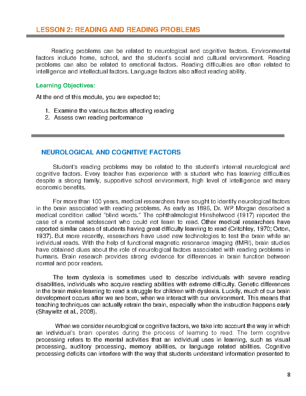 Developmental Reading- Reading Problems - LESSON 2: READING AND READING ...